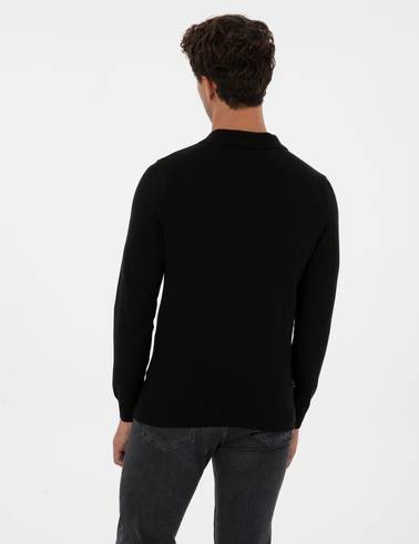 Siyah Slim Fit Polo Yaka Fermuarlı Basic Triko Kazak