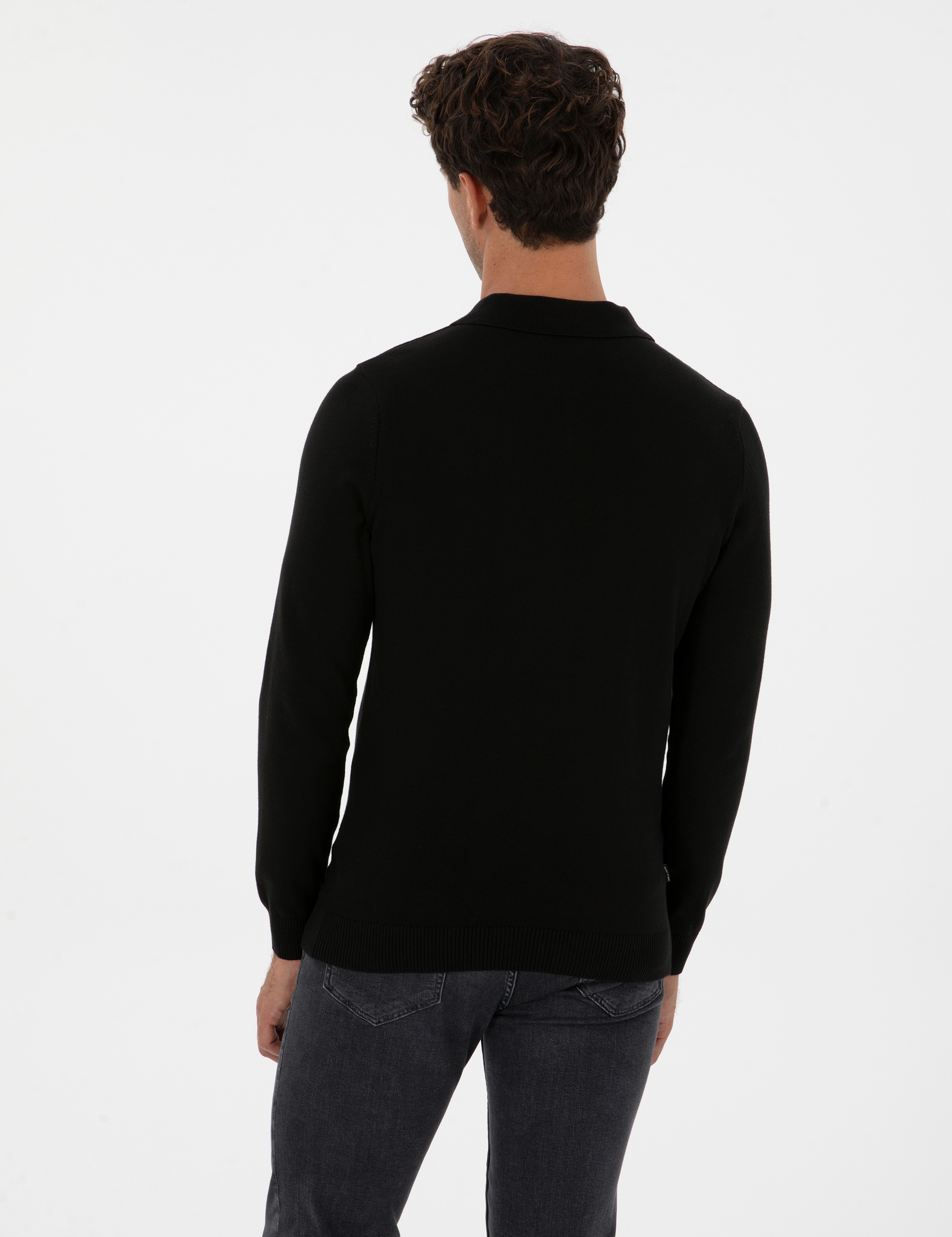 Siyah Slim Fit Polo Yaka Fermuarlı Basic Triko Kazak - Image 5