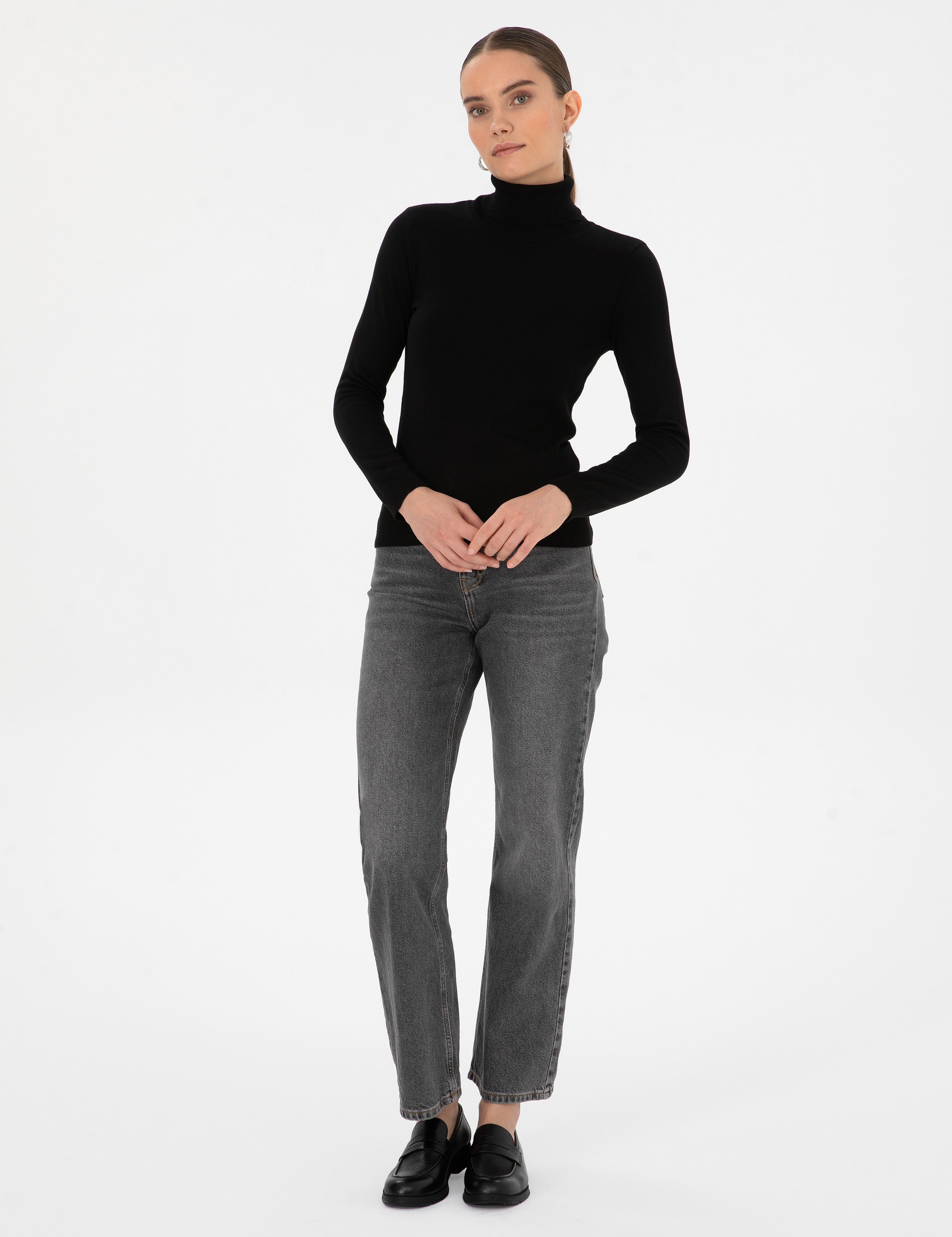 Siyah Slim Fit Balıkçı Yaka Basic Kazak