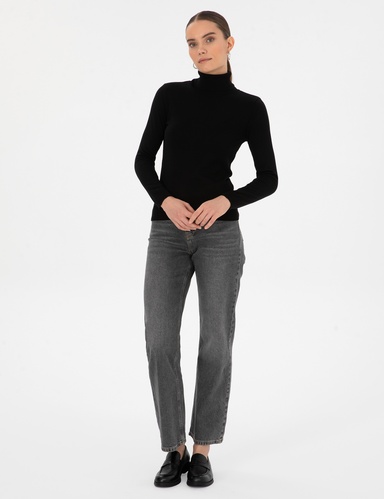 Siyah Slim Fit Balıkçı Yaka Basic Kazak