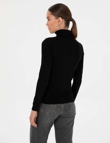 Siyah Slim Fit Balıkçı Yaka Basic Kazak