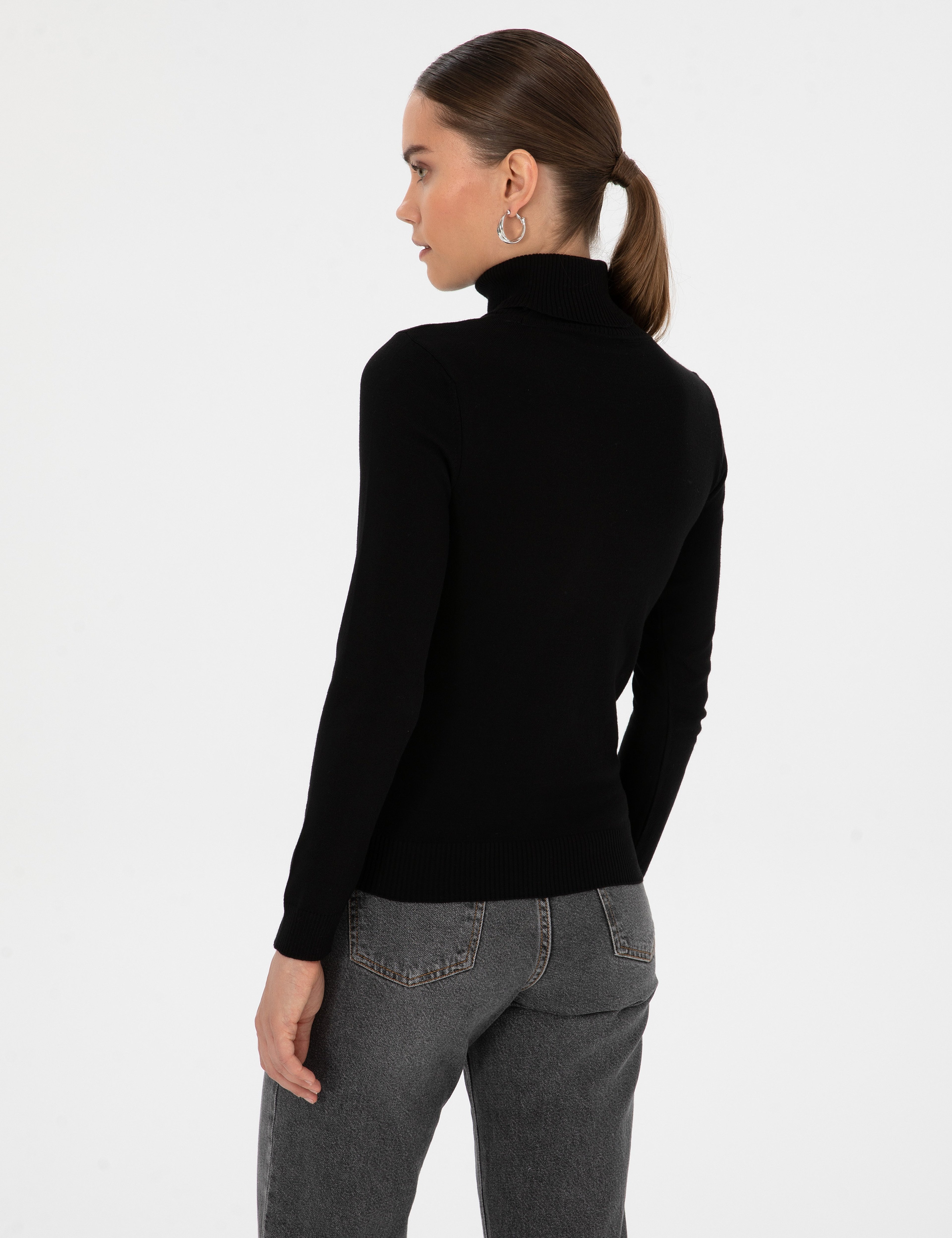 Siyah Slim Fit Balıkçı Yaka Basic Kazak