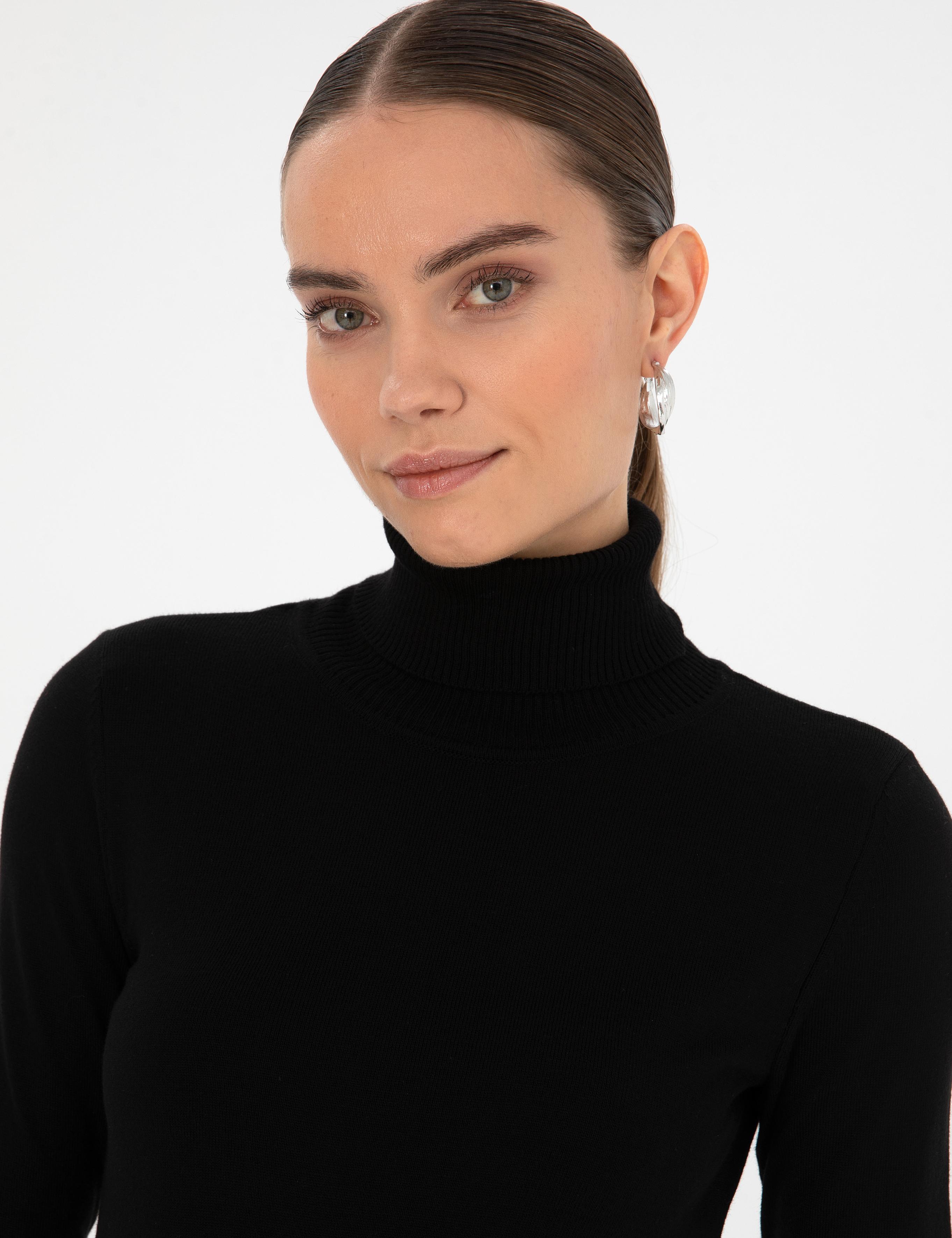 Siyah Slim Fit Balıkçı Yaka Basic Kazak