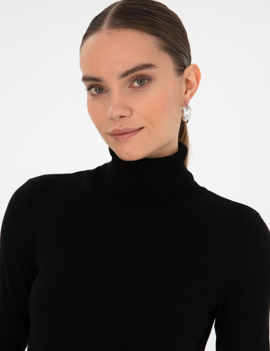 Siyah Slim Fit Balıkçı Yaka Basic Kazak