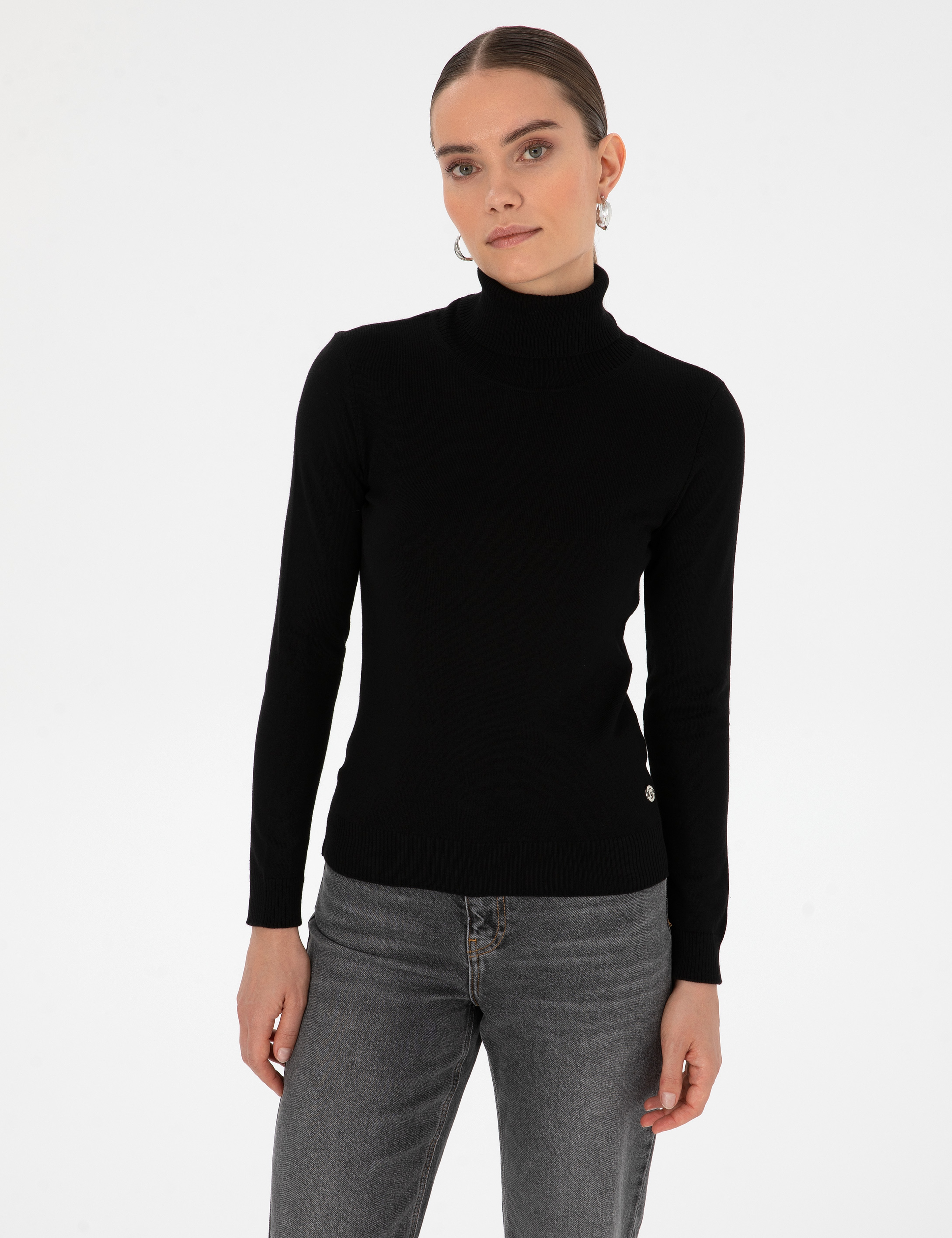 Siyah Slim Fit Balıkçı Yaka Basic Kazak