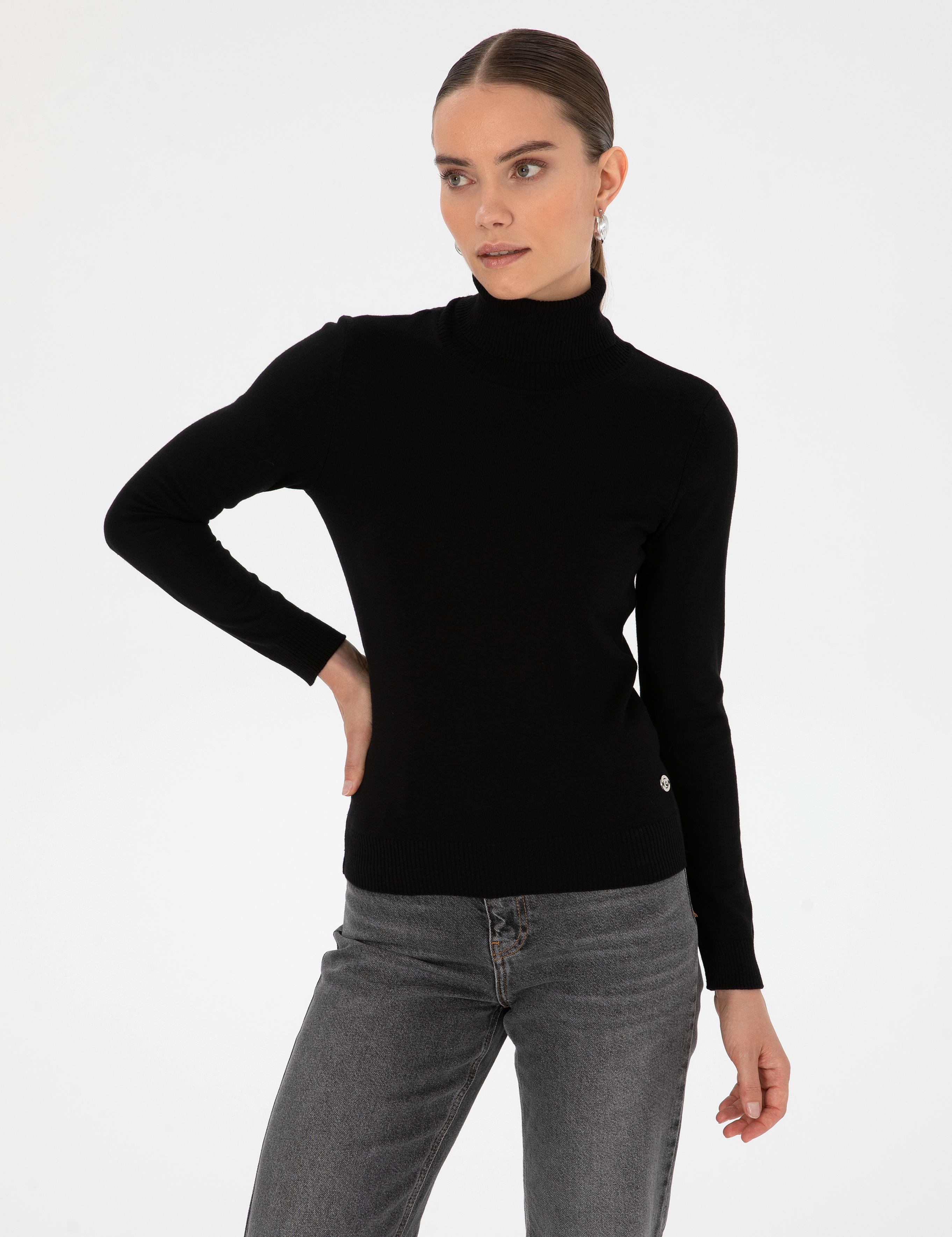 Siyah Slim Fit Balıkçı Yaka Basic Kazak