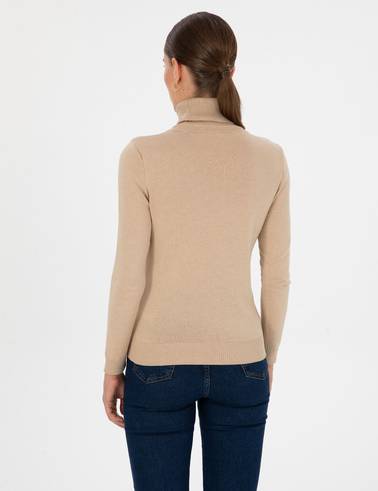 Bej Slim Fit Balıkçı Yaka Basic Kazak