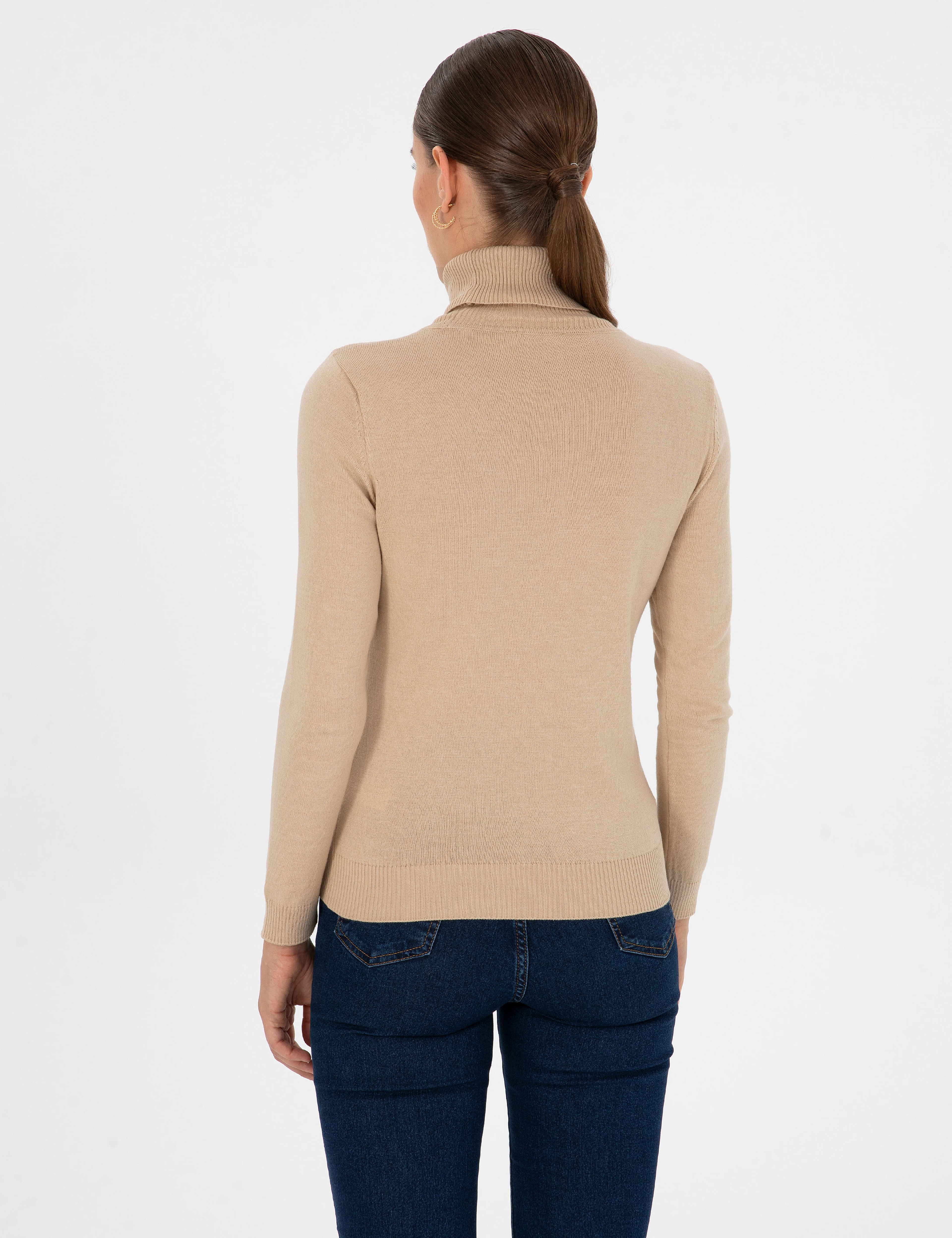 Bej Slim Fit Balıkçı Yaka Basic Kazak - Image 5