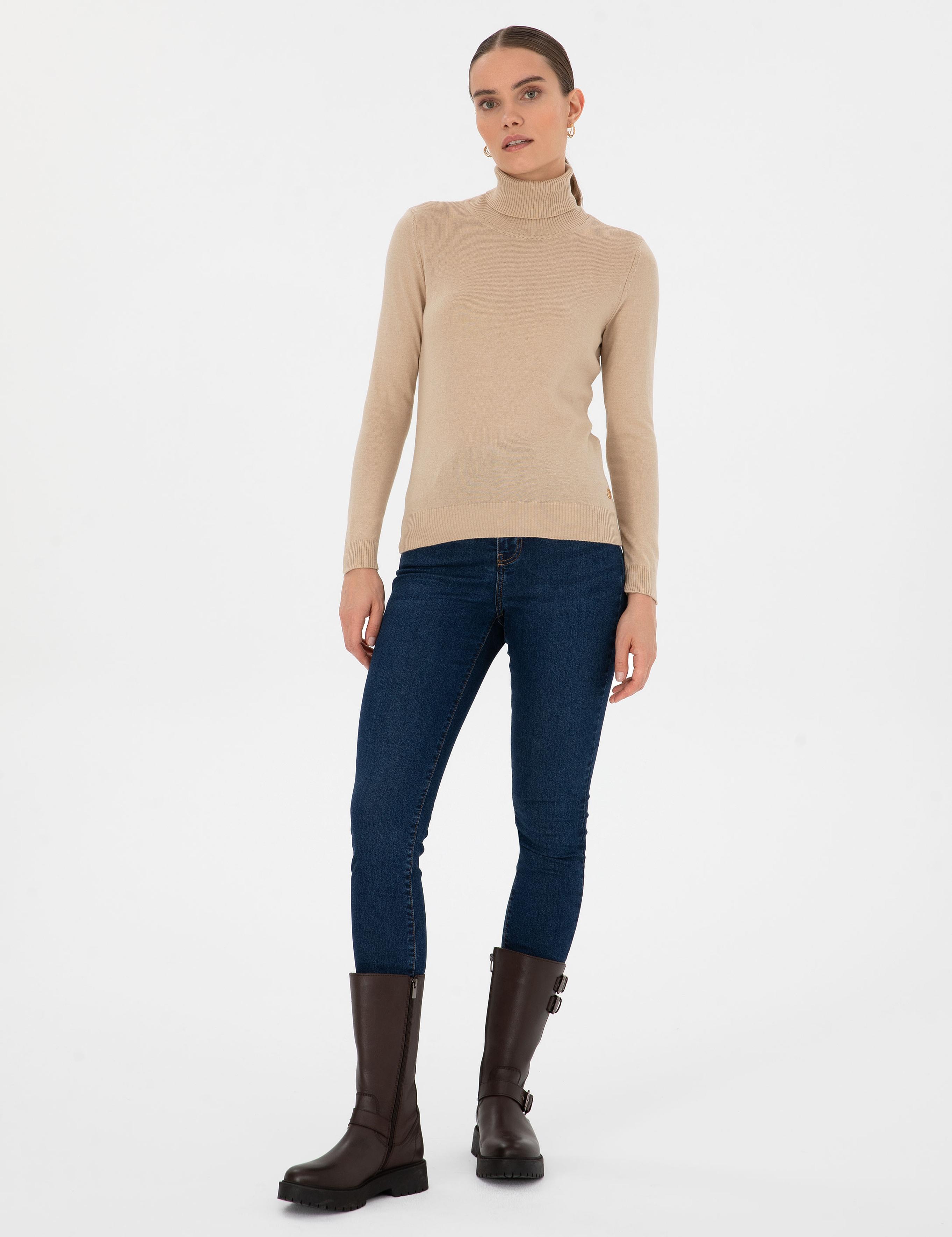 Bej Slim Fit Balıkçı Yaka Basic Kazak