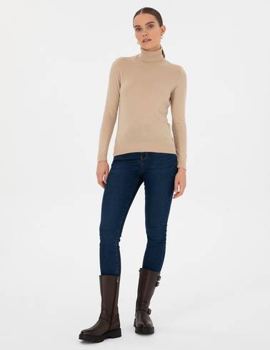 Bej Slim Fit Balıkçı Yaka Basic Kazak