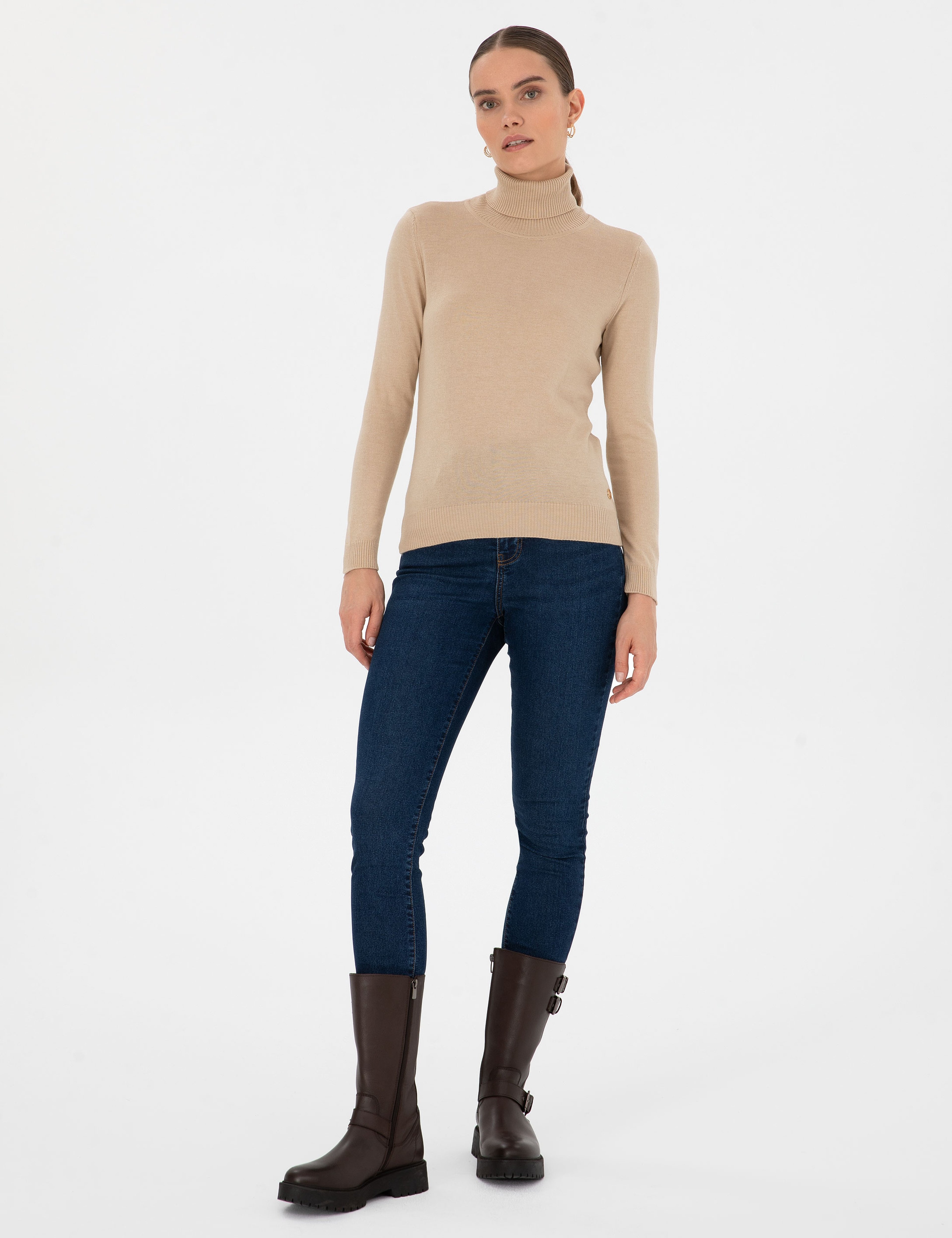Bej Slim Fit Balıkçı Yaka Basic Kazak