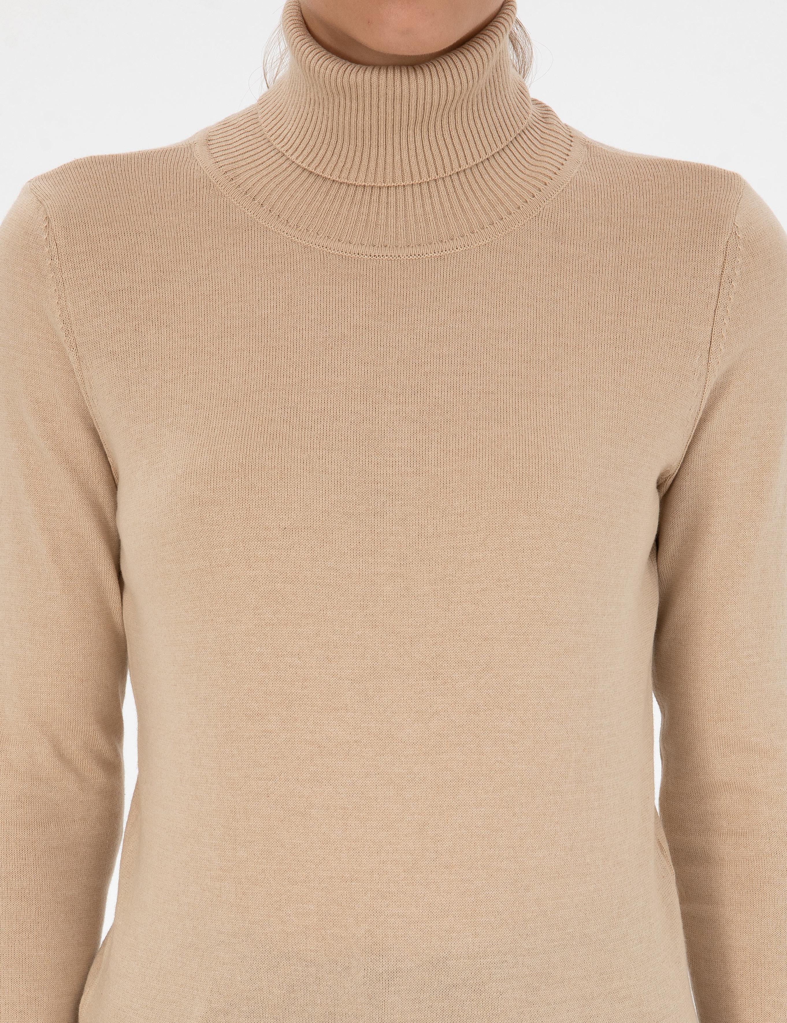 Bej Slim Fit Balıkçı Yaka Basic Kazak