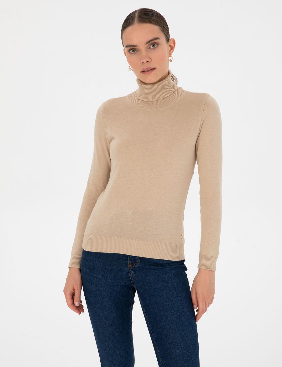 Bej Slim Fit Balıkçı Yaka Basic Kazak