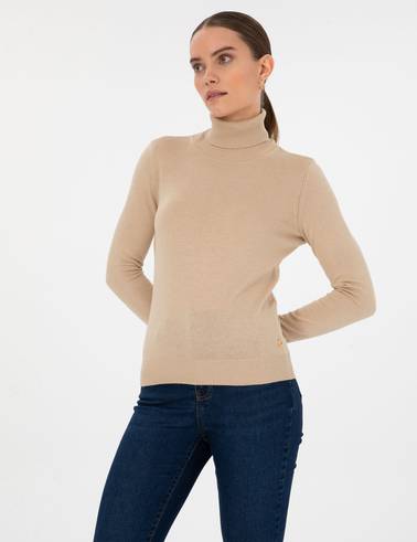 Bej Slim Fit Balıkçı Yaka Basic Kazak