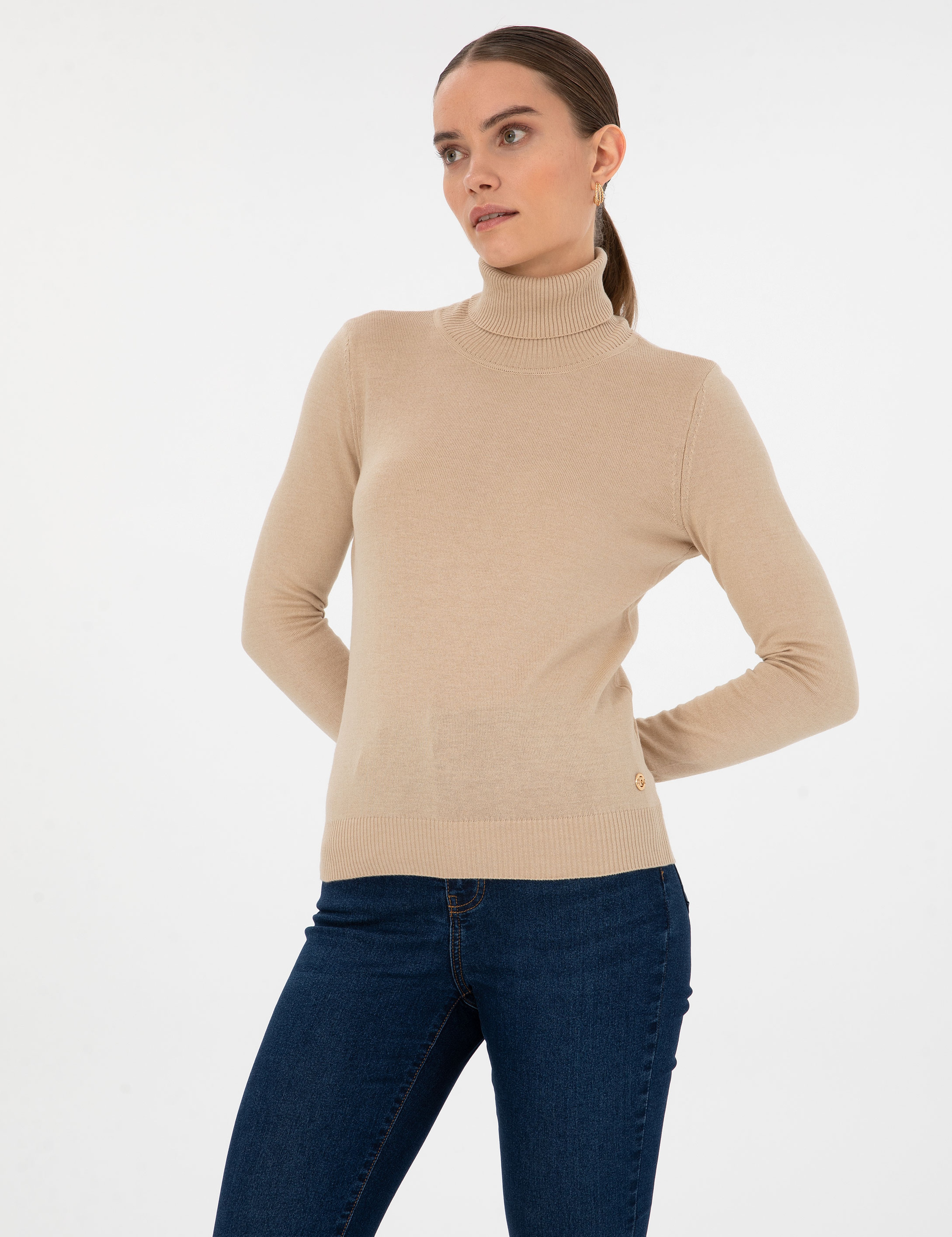 Bej Slim Fit Balıkçı Yaka Basic Kazak - Image 4