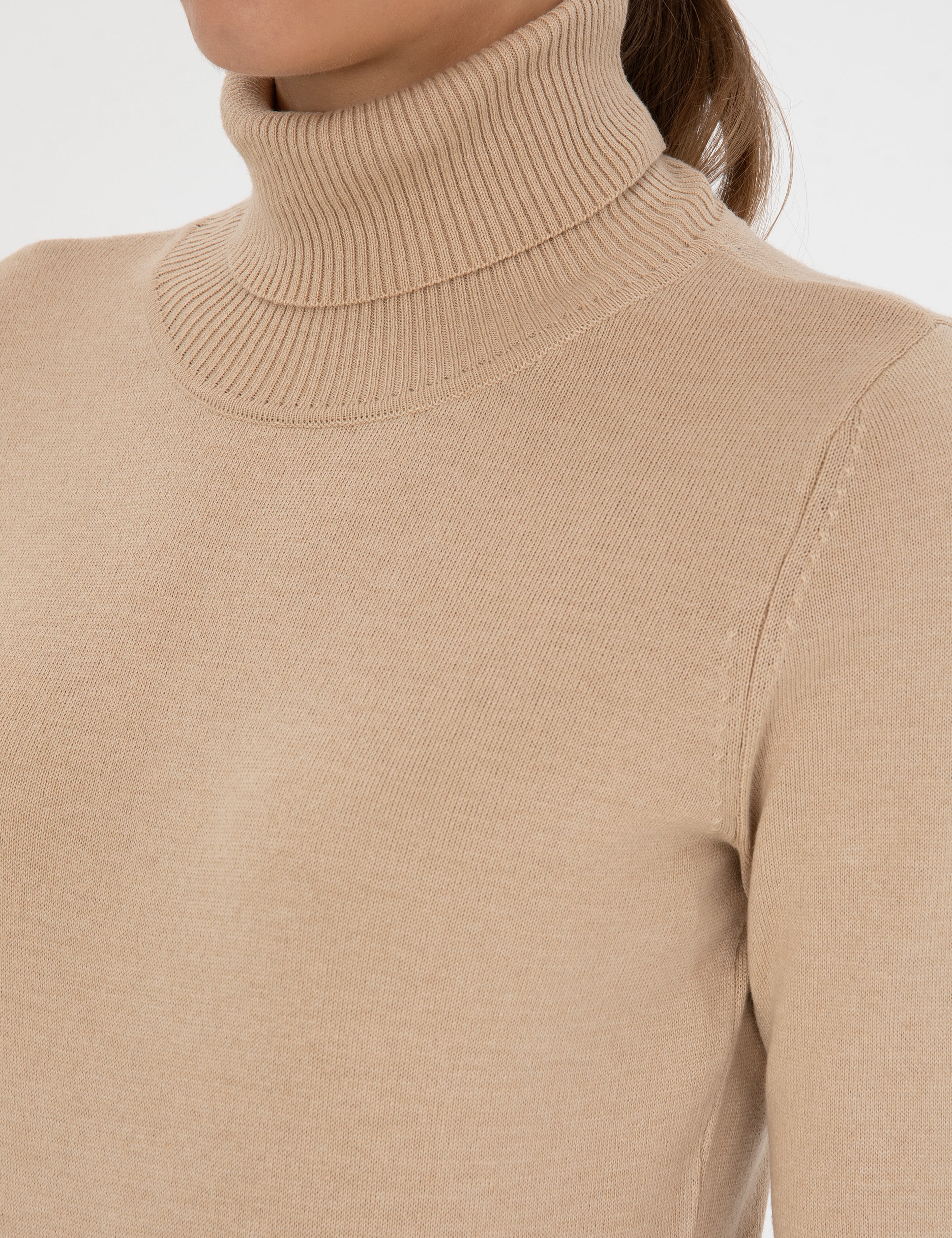 Bej Slim Fit Balıkçı Yaka Basic Kazak - Image 7