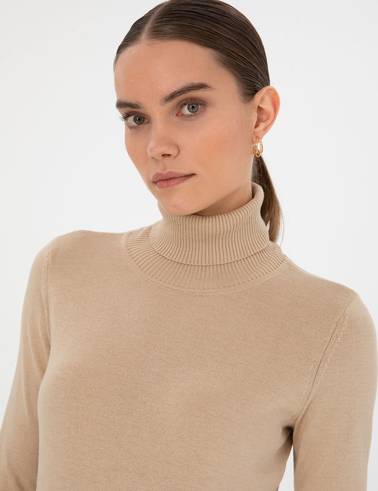 Bej Slim Fit Balıkçı Yaka Basic Kazak