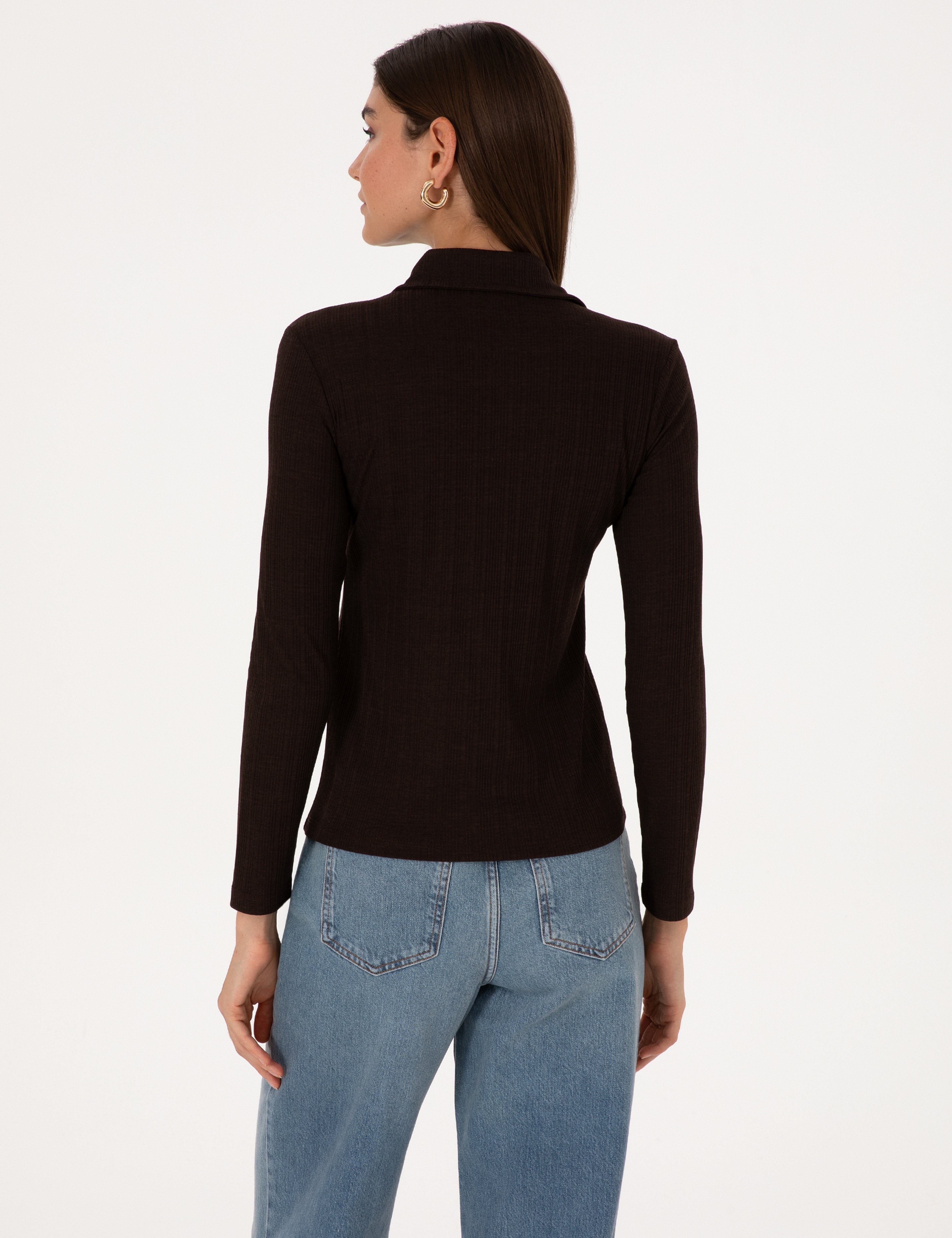 Kahverengi Slim Fit Örme Bluz - Image 5