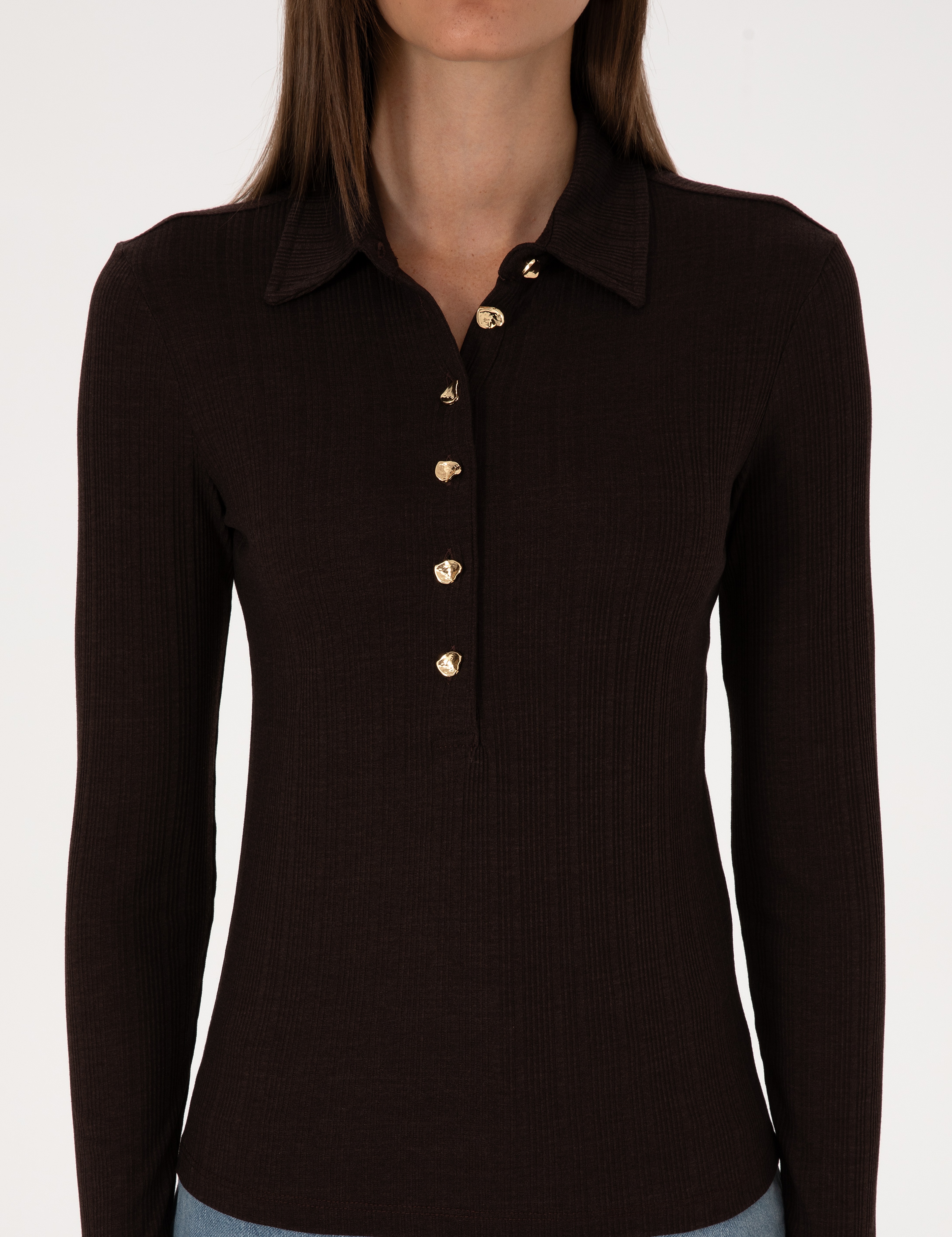 Kahverengi Slim Fit Örme Bluz - Image 6