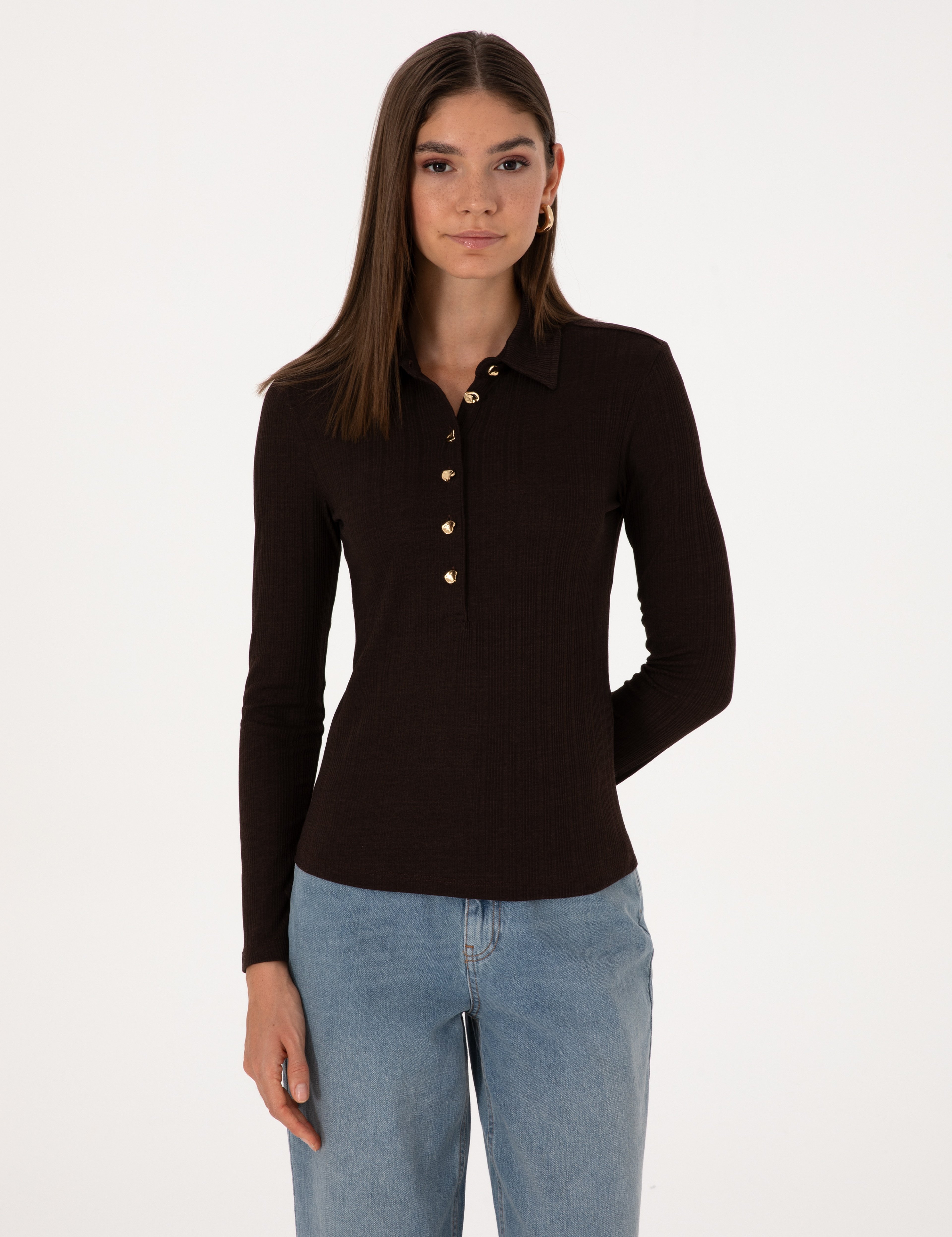 Kahverengi Slim Fit Örme Bluz - Image 3