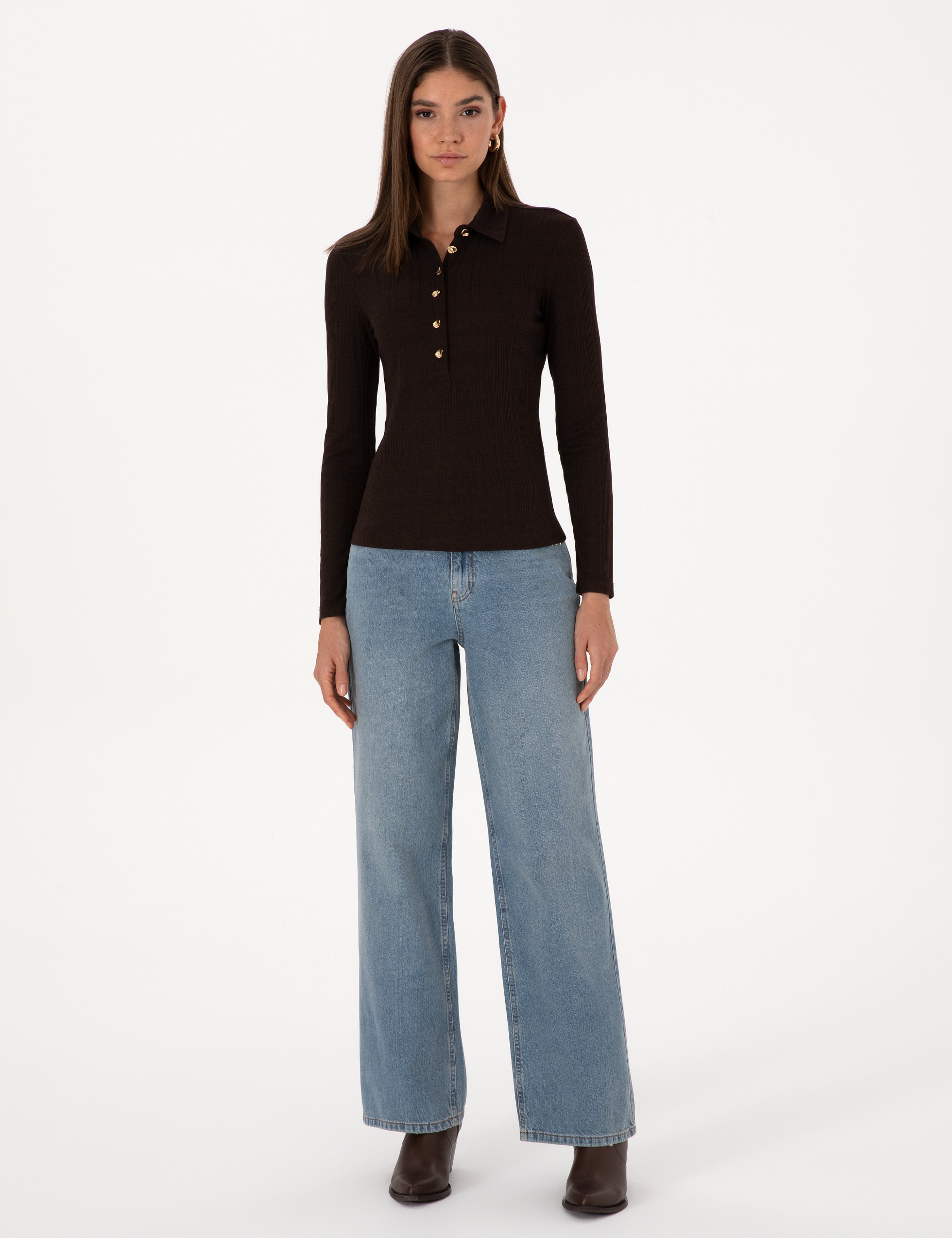 Kahverengi Slim Fit Örme Bluz - Image 4