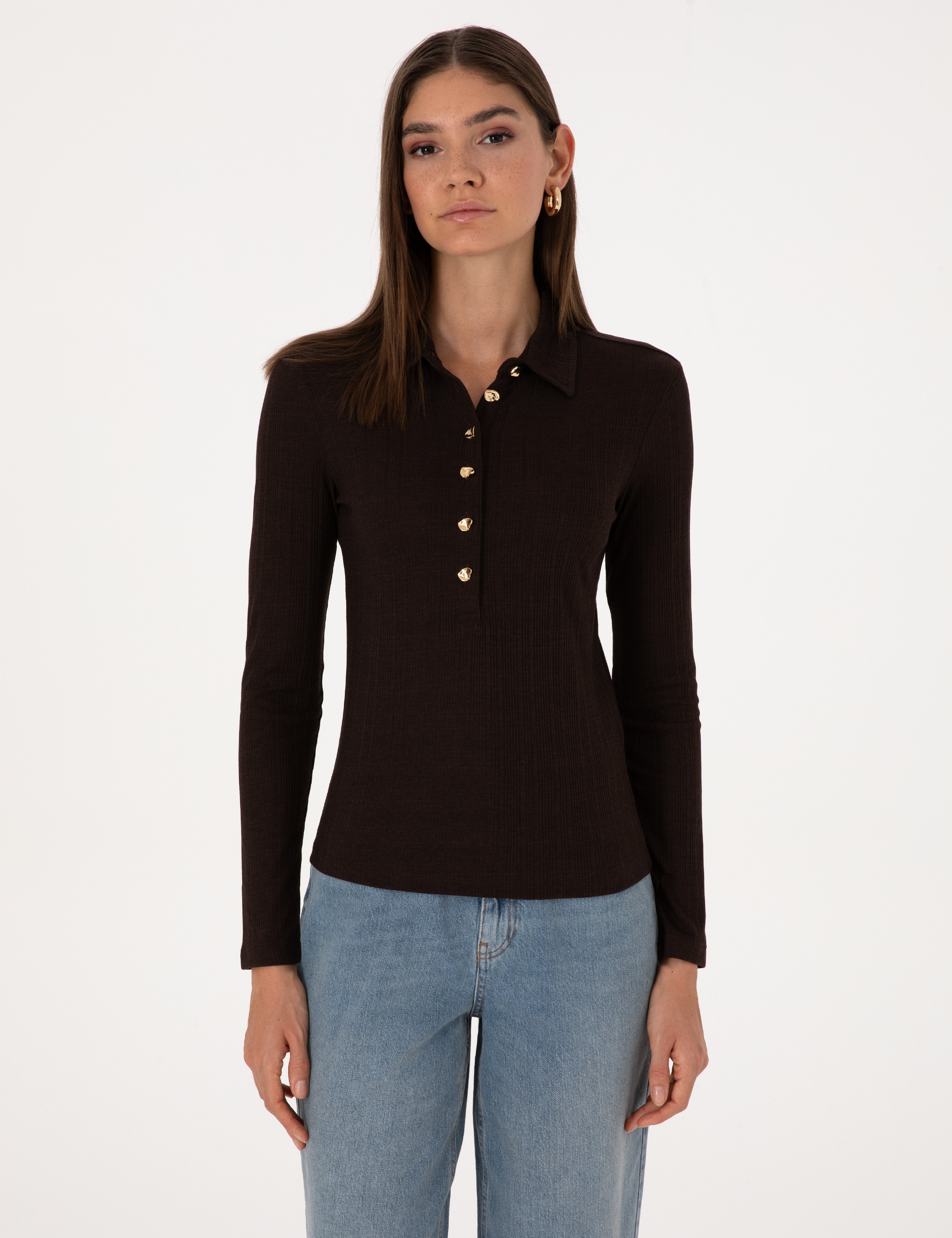 Kahverengi Slim Fit Örme Bluz - Image 1