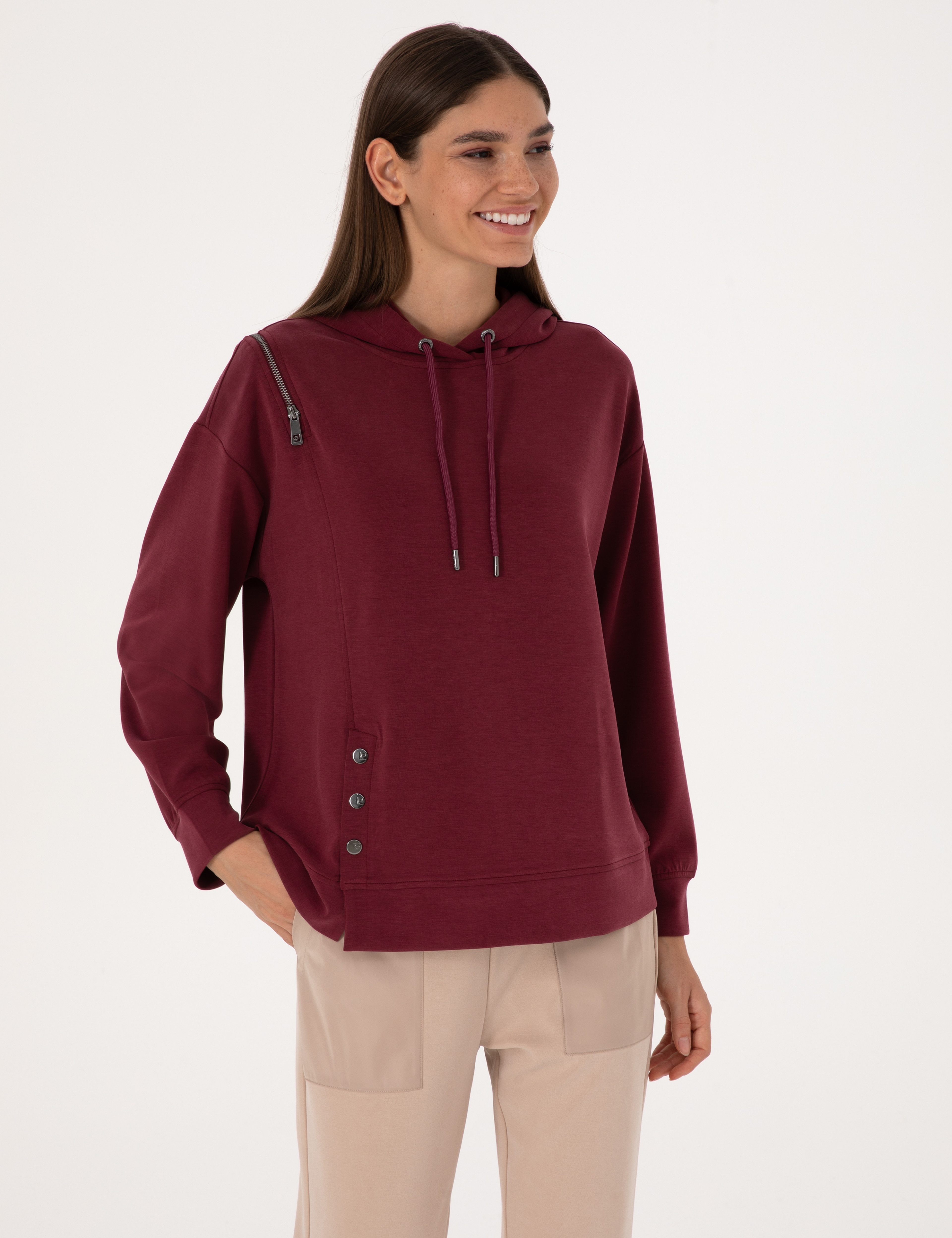 Vişne Oversize Modal Karışımlı Kapüşonlu Sweatshirt - Image 3