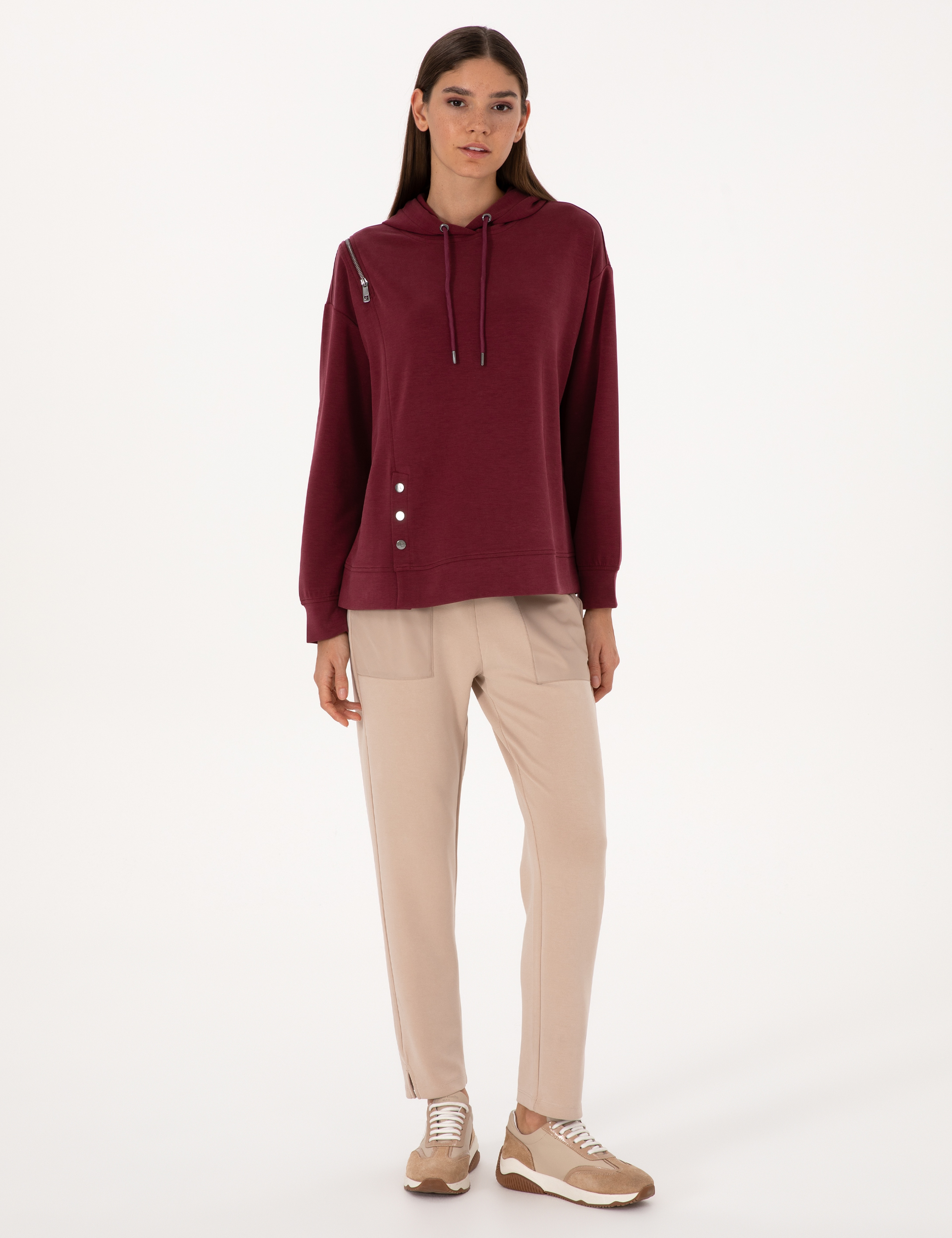 Vişne Oversize Modal Karışımlı Kapüşonlu Sweatshirt - Image 4