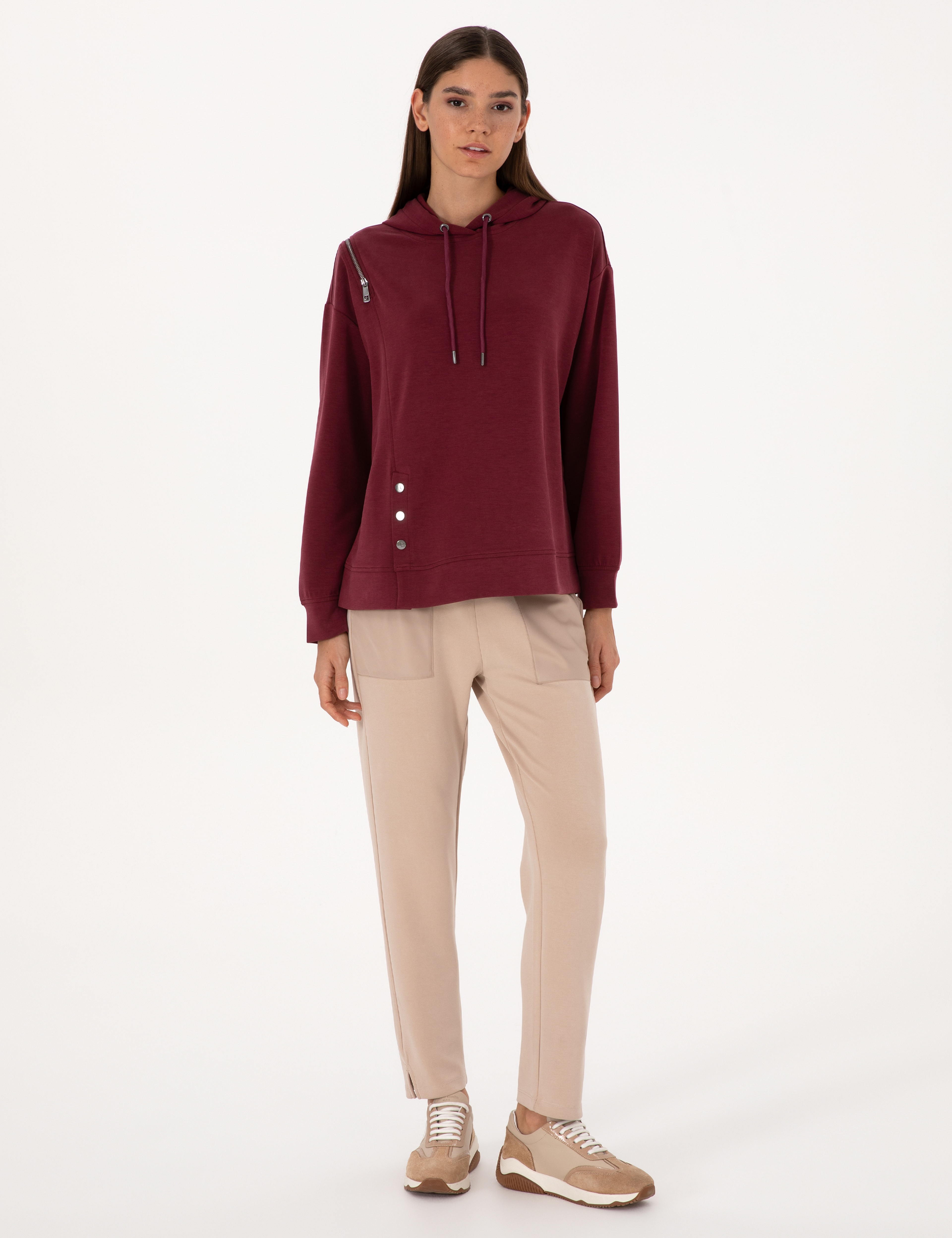 Vişne Oversize Modal Karışımlı Kapüşonlu Sweatshirt