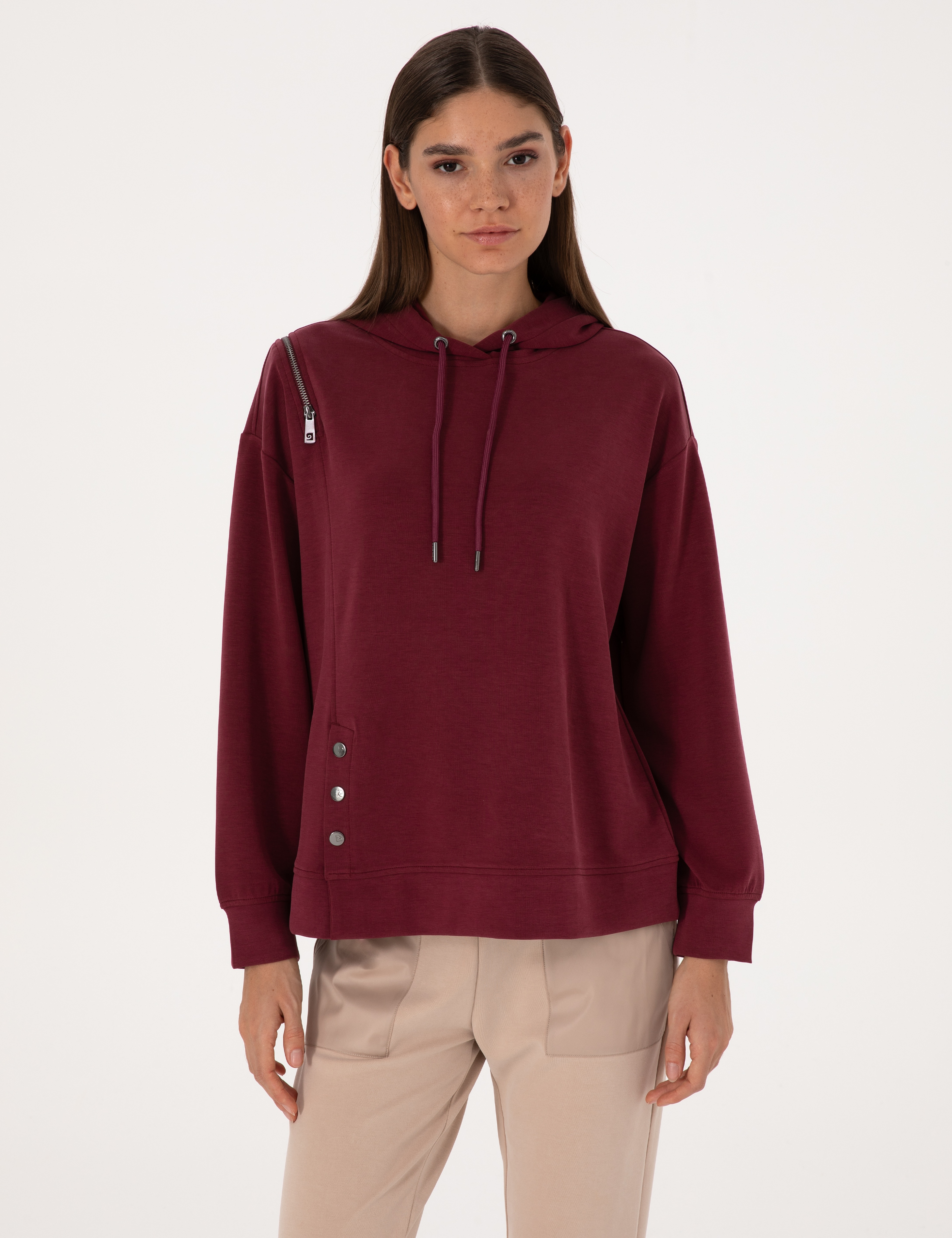Vişne Oversize Modal Karışımlı Kapüşonlu Sweatshirt