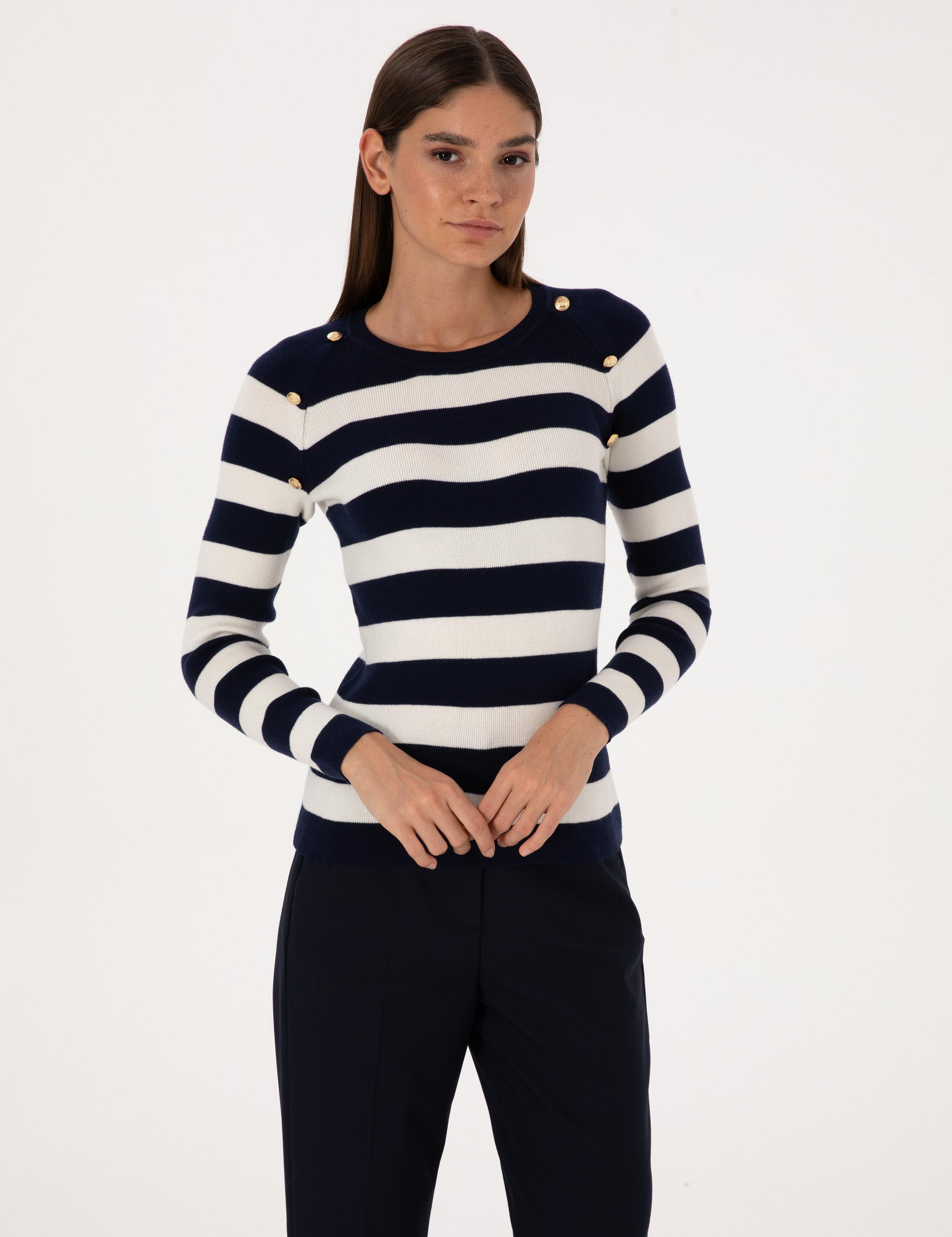 Lacivert Slim Fit Düğme Detaylı Kazak