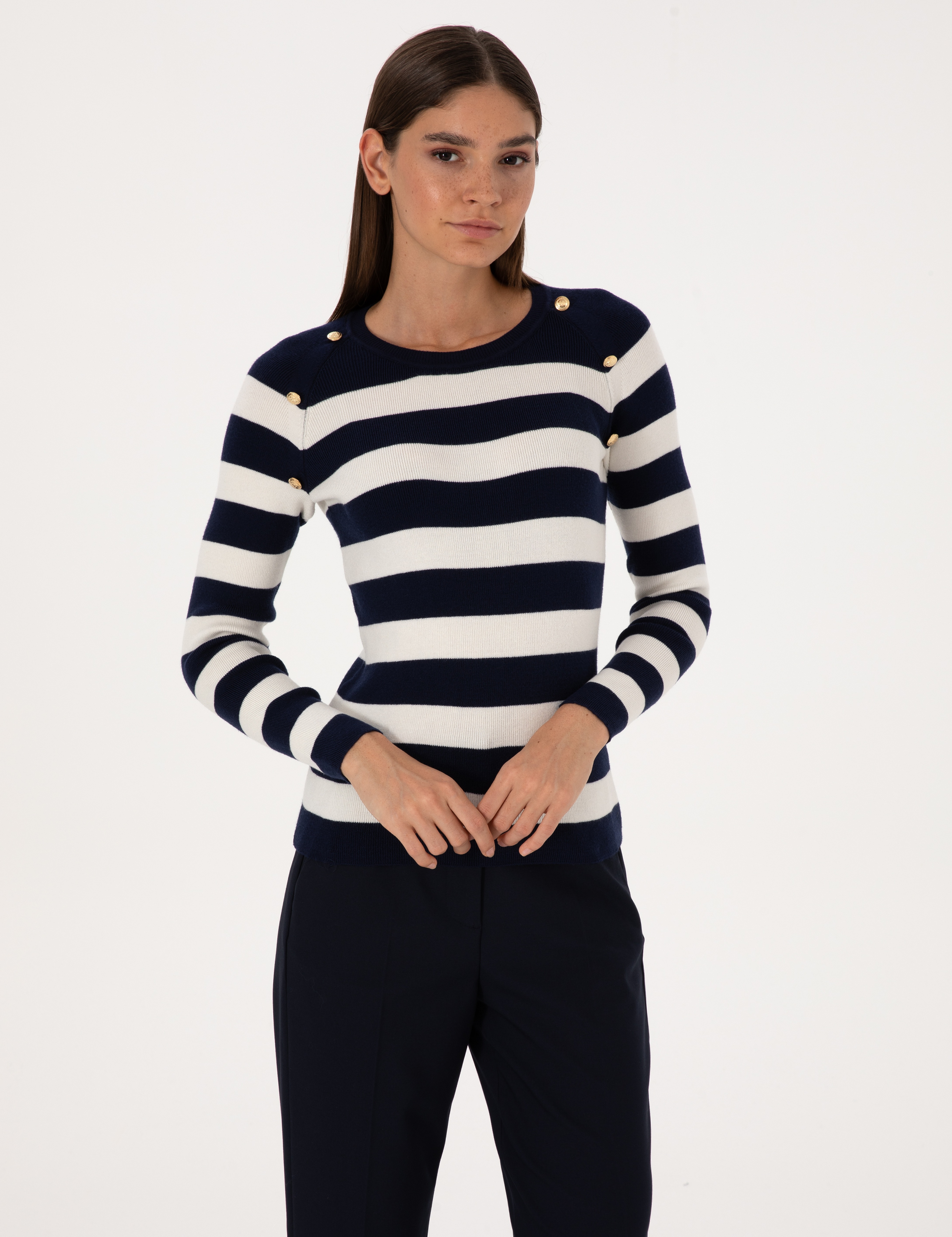 Lacivert Slim Fit Düğme Detaylı Kazak - Image 1