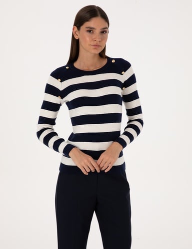 Lacivert Slim Fit Düğme Detaylı Kazak