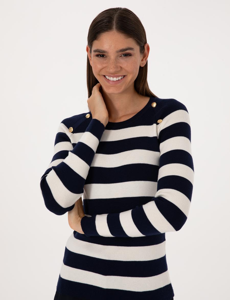 Lacivert Slim Fit Düğme Detaylı Kazak