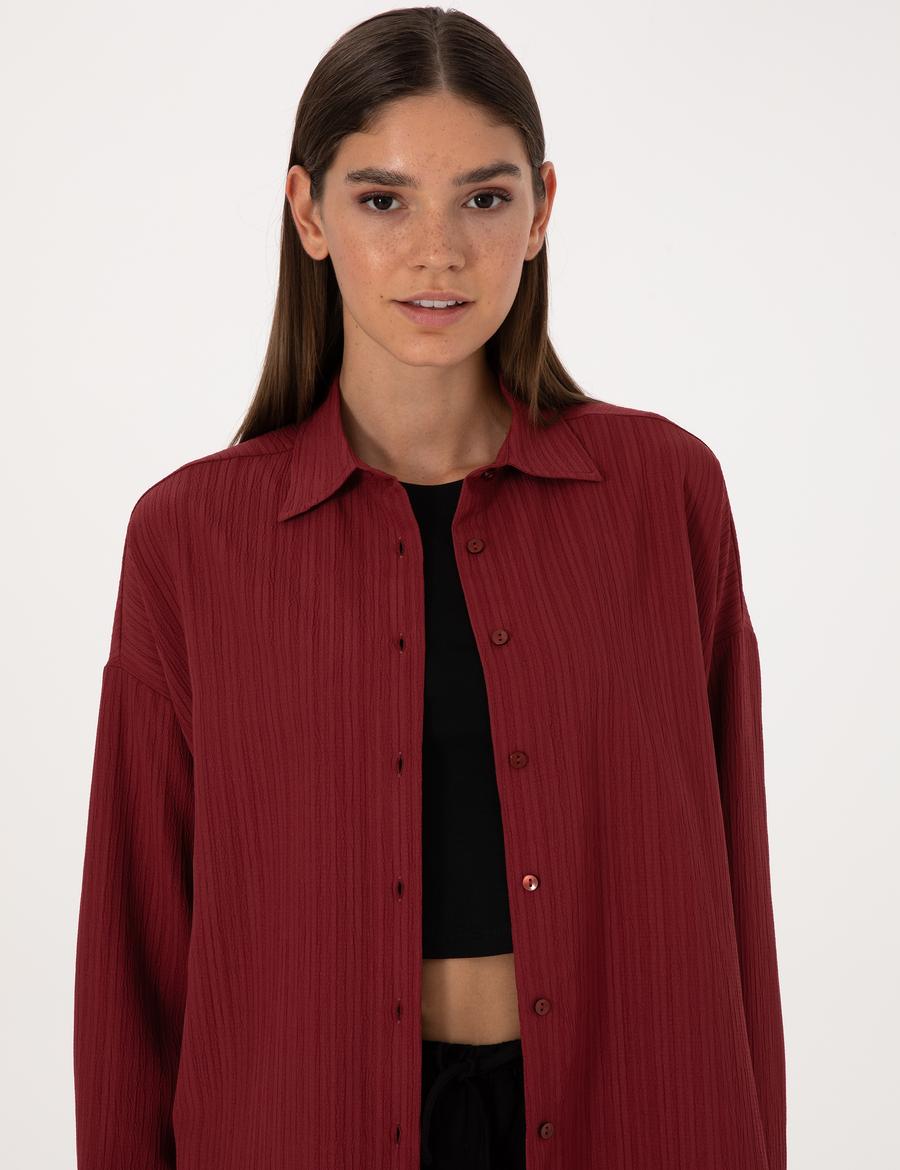 Bordo Oversize Uzun Kollu Gömlek