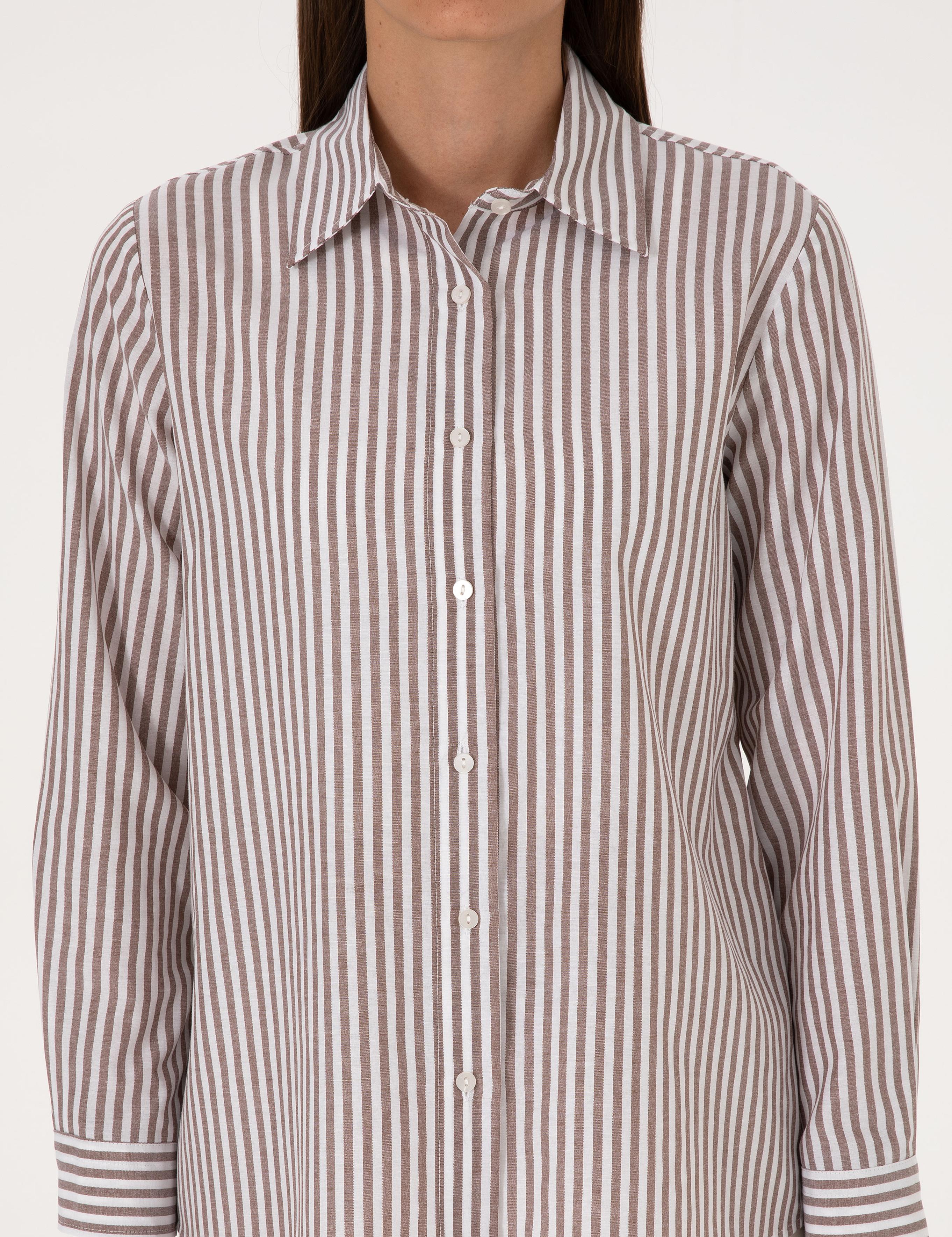 Kahverengi Çizgili Comfort Fit Uzun Kollu Gömlek