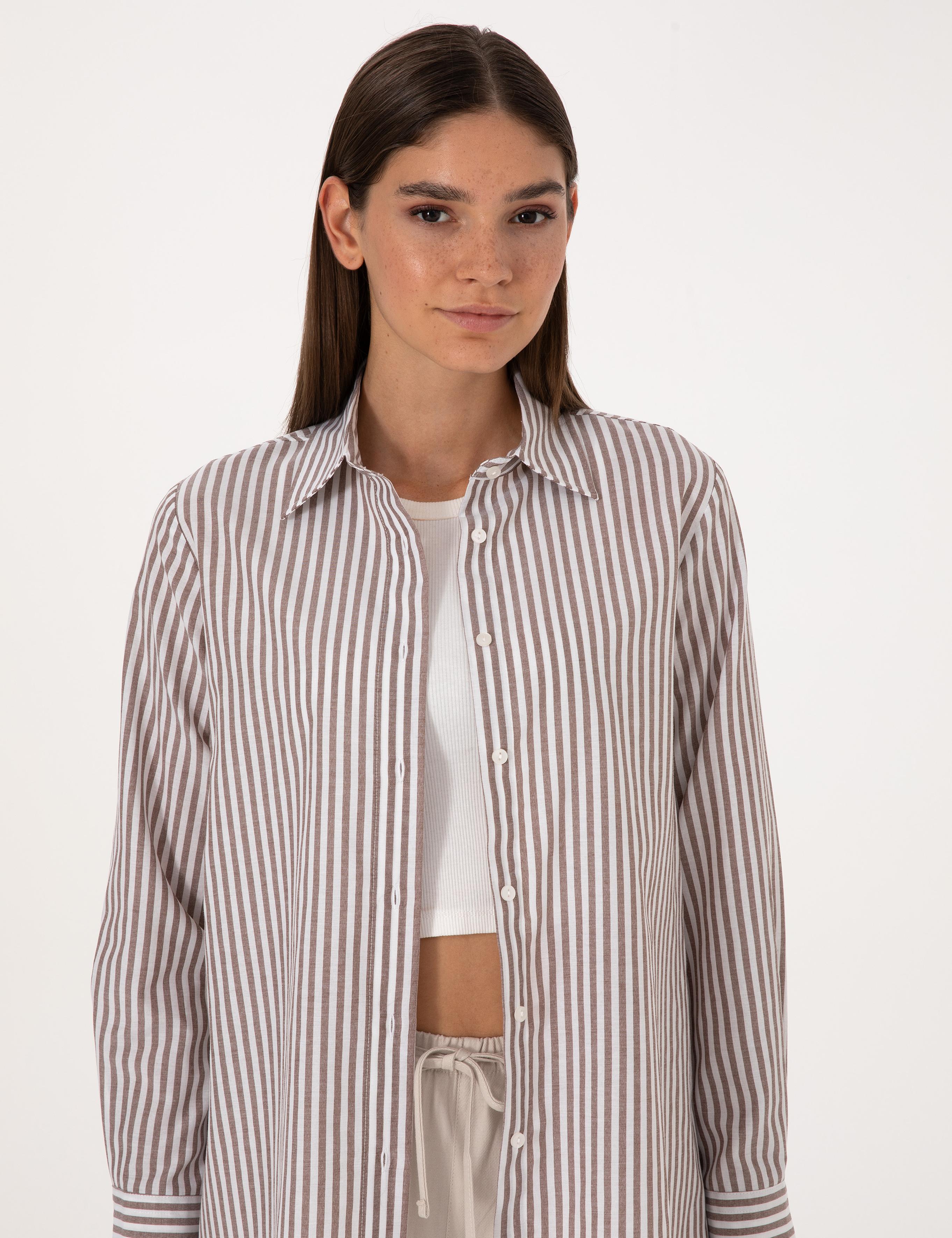 Kahverengi Çizgili Comfort Fit Uzun Kollu Gömlek