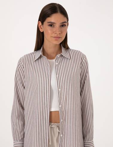 Kahverengi Çizgili Comfort Fit Uzun Kollu Gömlek