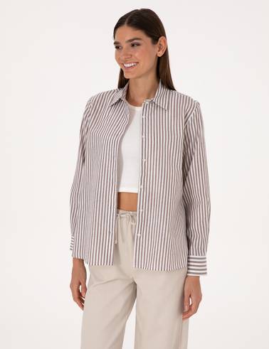 Kahverengi Çizgili Comfort Fit Uzun Kollu Gömlek
