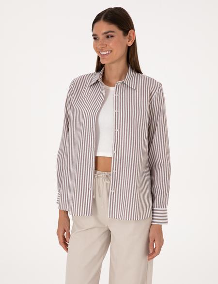 Kahverengi Çizgili Comfort Fit Uzun Kollu Gömlek - 50318226009