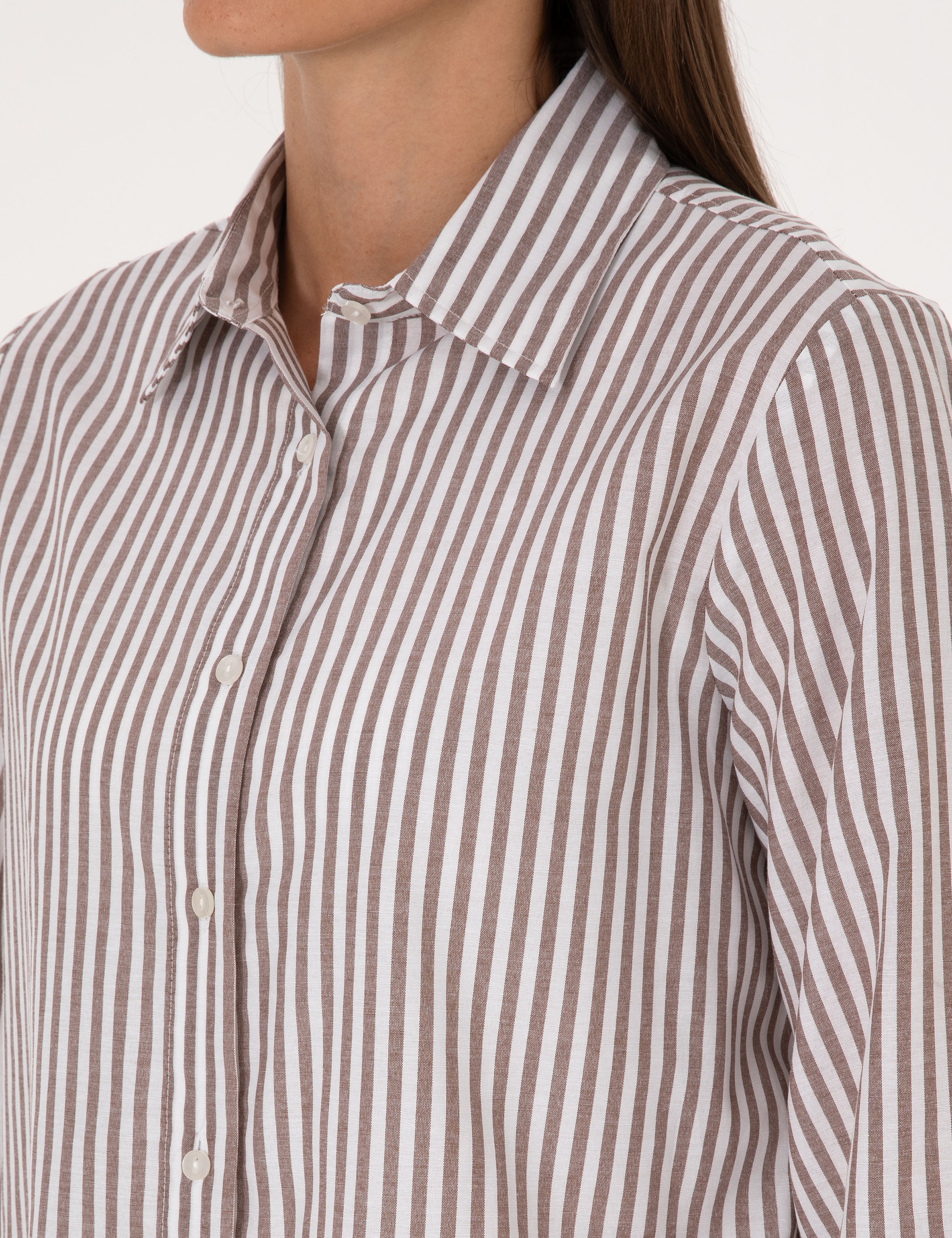 Kahverengi Çizgili Comfort Fit Uzun Kollu Gömlek - Image 7