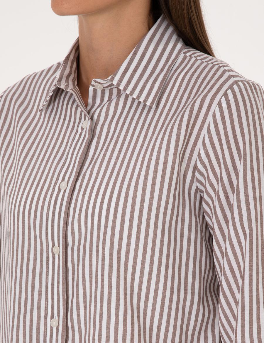 Kahverengi Çizgili Comfort Fit Uzun Kollu Gömlek