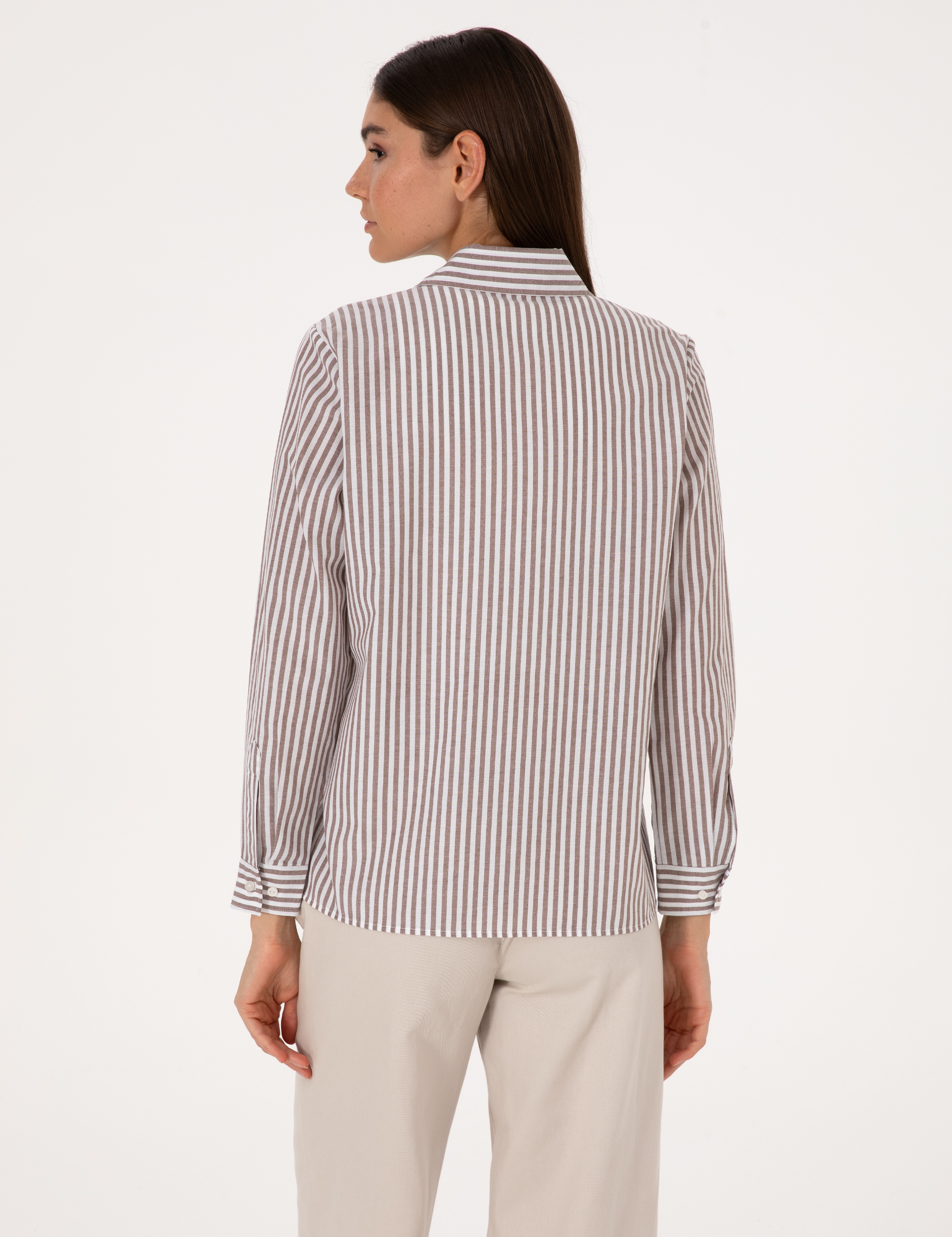 Kahverengi Çizgili Comfort Fit Uzun Kollu Gömlek - Image 5