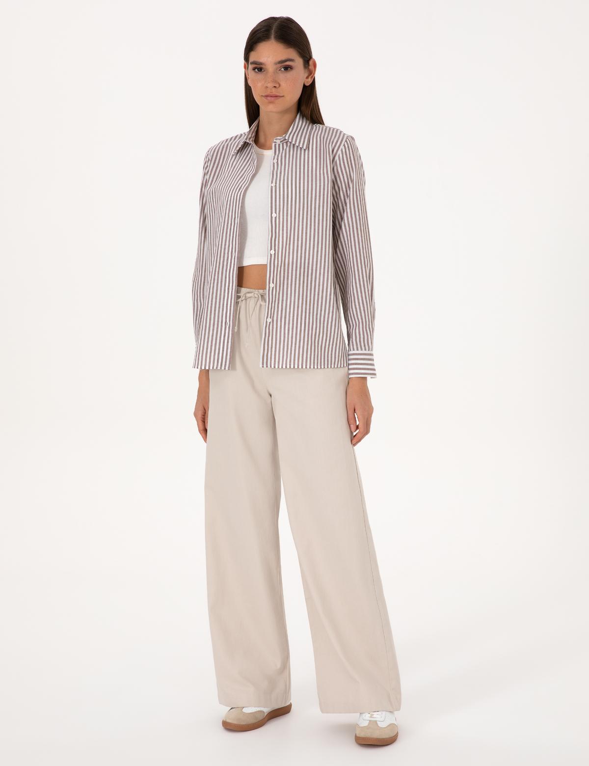 Kahverengi Çizgili Comfort Fit Uzun Kollu Gömlek - 50318226009