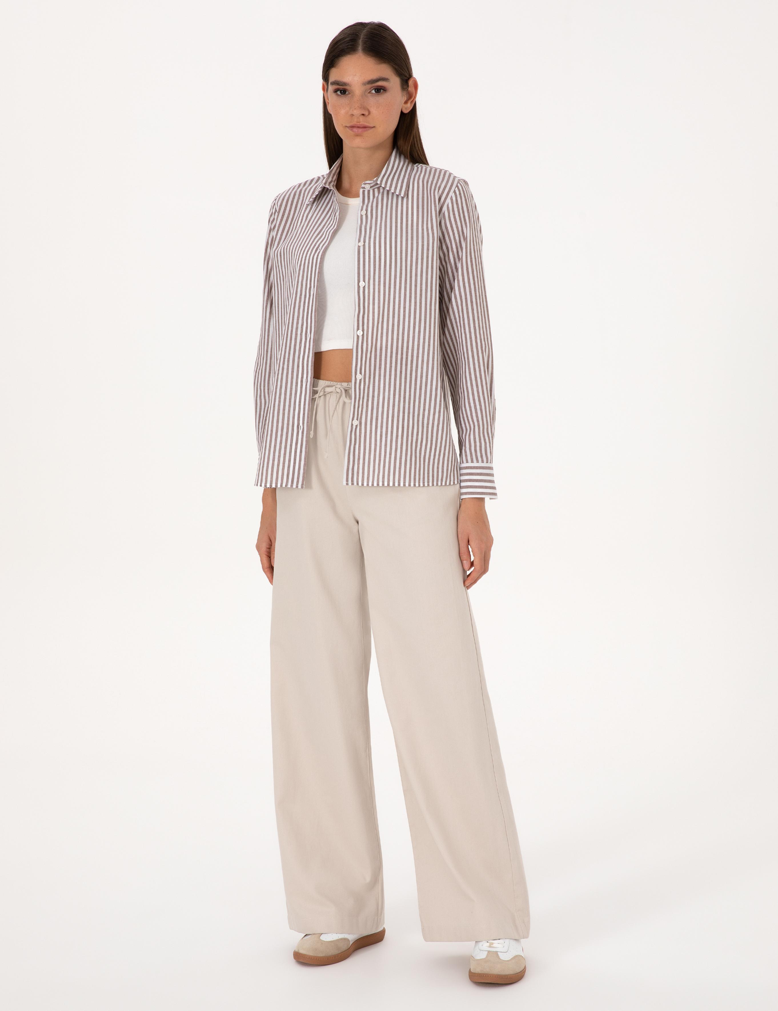 Kahverengi Çizgili Comfort Fit Uzun Kollu Gömlek