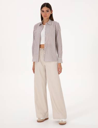 Kahverengi Çizgili Comfort Fit Uzun Kollu Gömlek