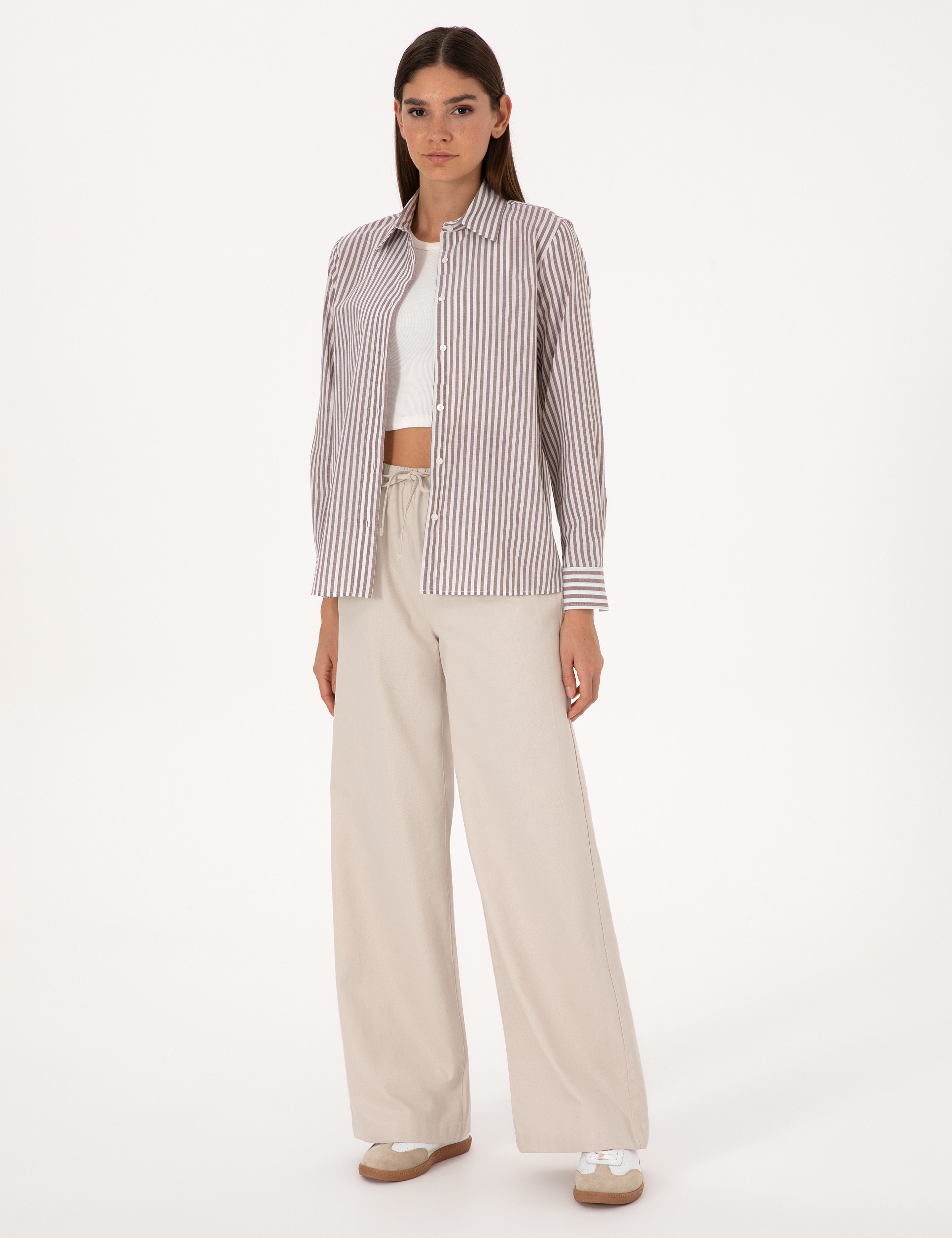 Kahverengi Çizgili Comfort Fit Uzun Kollu Gömlek - Image 4