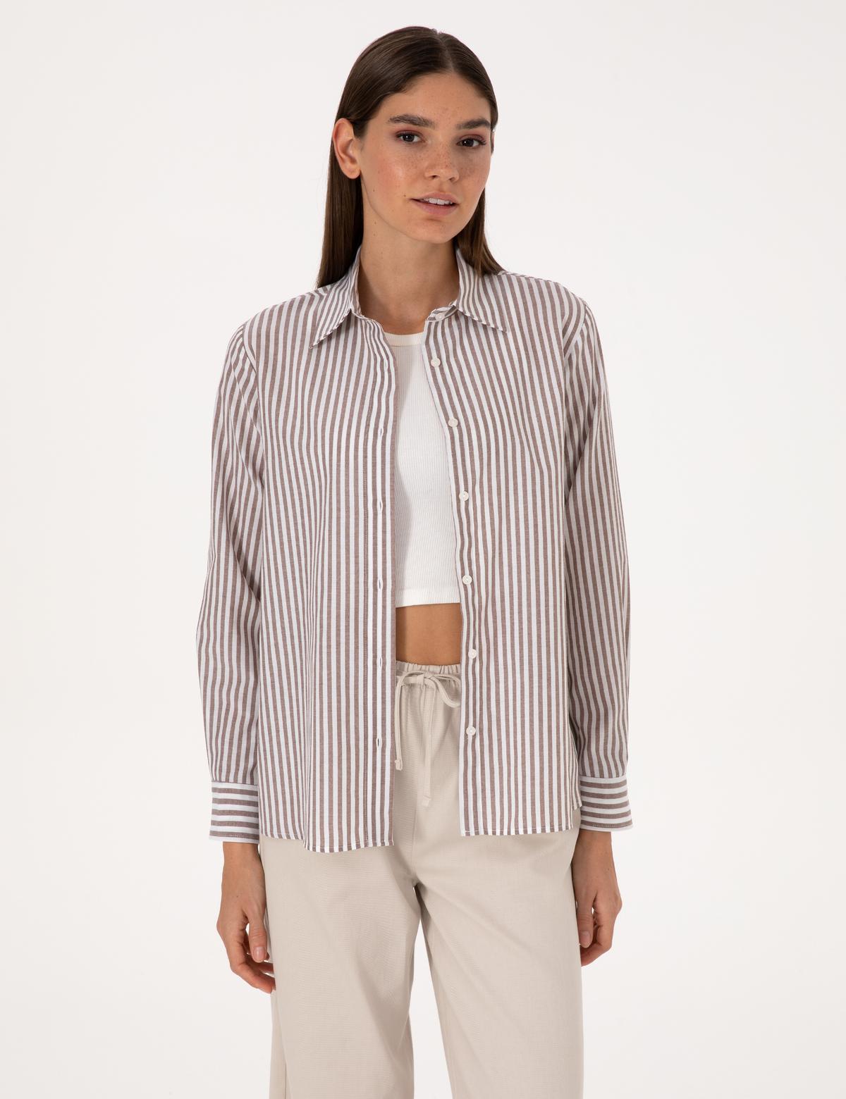 Kahverengi Çizgili Comfort Fit Uzun Kollu Gömlek