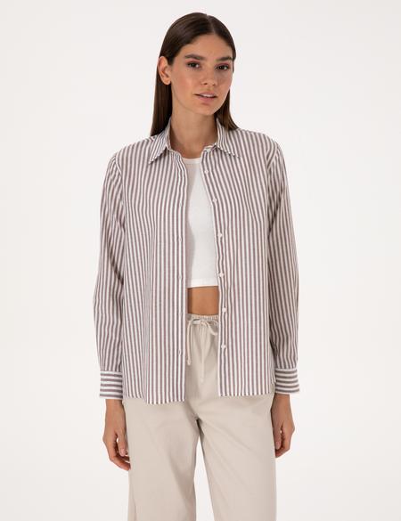 Kahverengi Çizgili Comfort Fit Uzun Kollu Gömlek - 50318226009