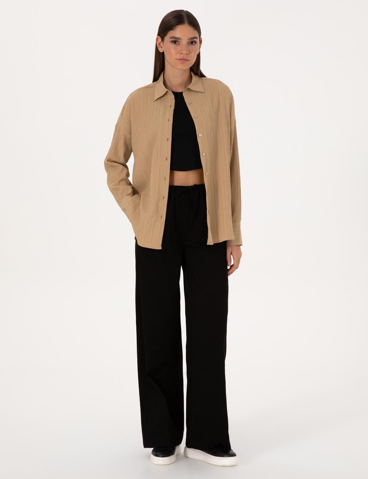 Koyu Bej Oversize Uzun Kollu Gömlek - 50318232032